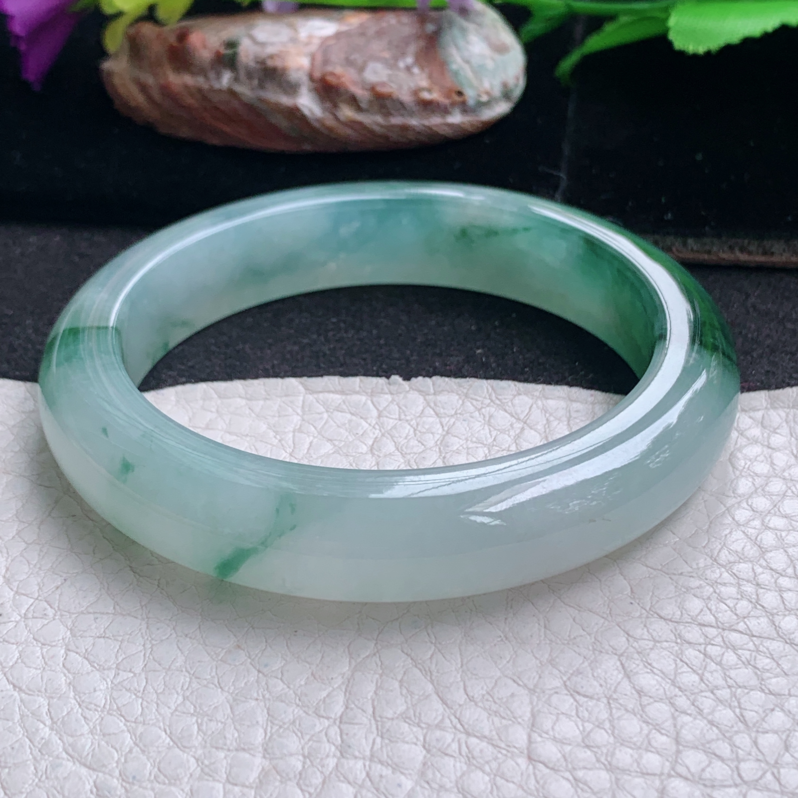 ll飘逸款58*12.5*9.5平安镯 天然缅甸翡翠a货手镯冰飘花厚装正圈玉镯子