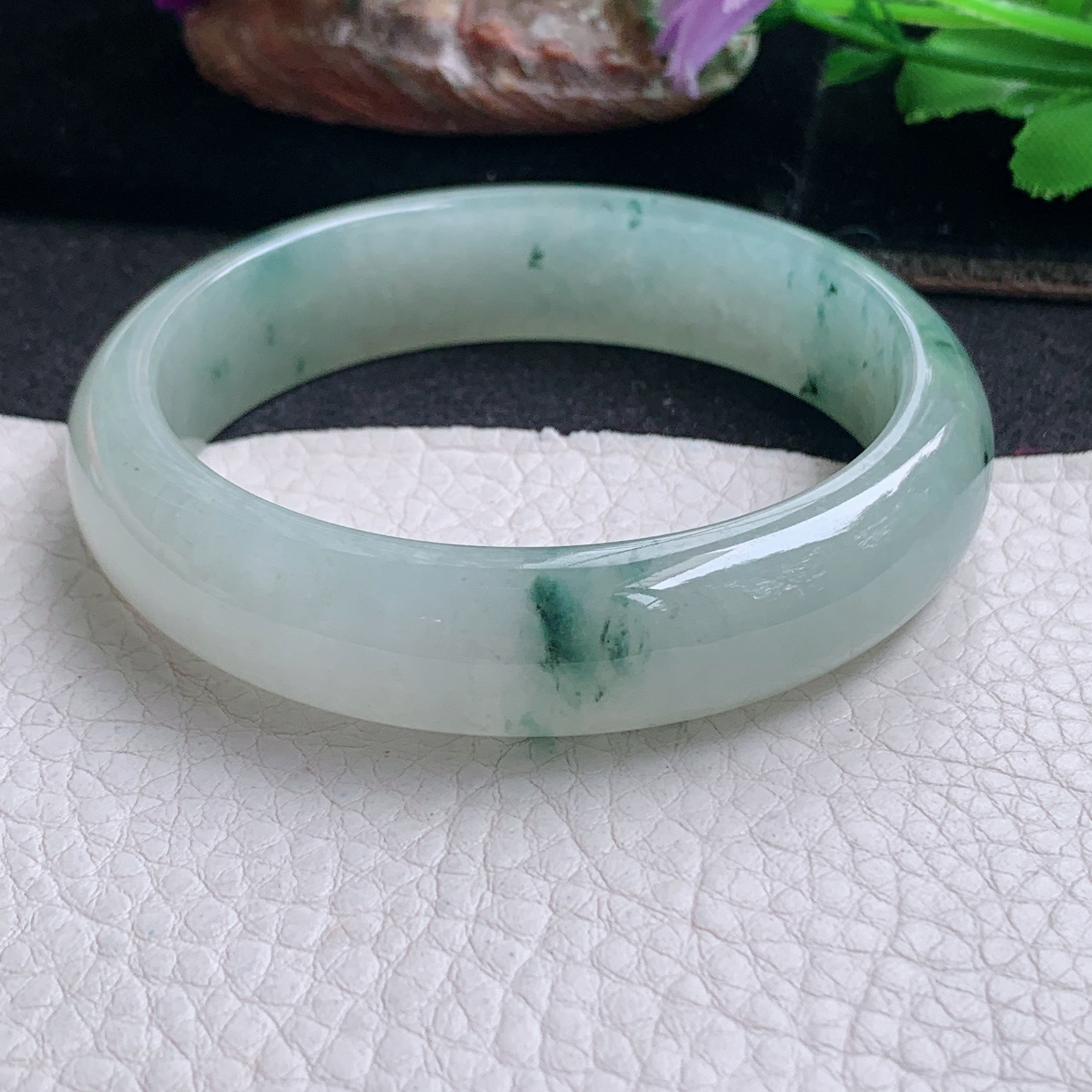 ll飘逸款57*14.2*7.5平安镯 天然缅甸翡翠a货手镯冰飘花正圈玉镯子