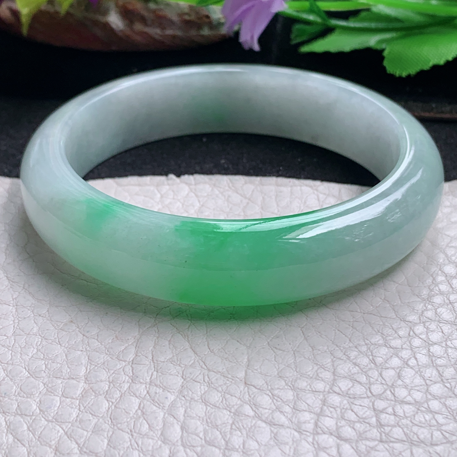 ll白底青58.5*14.2*8.2平安镯 天然缅甸翡翠a货手镯飘阳绿正圈玉镯子