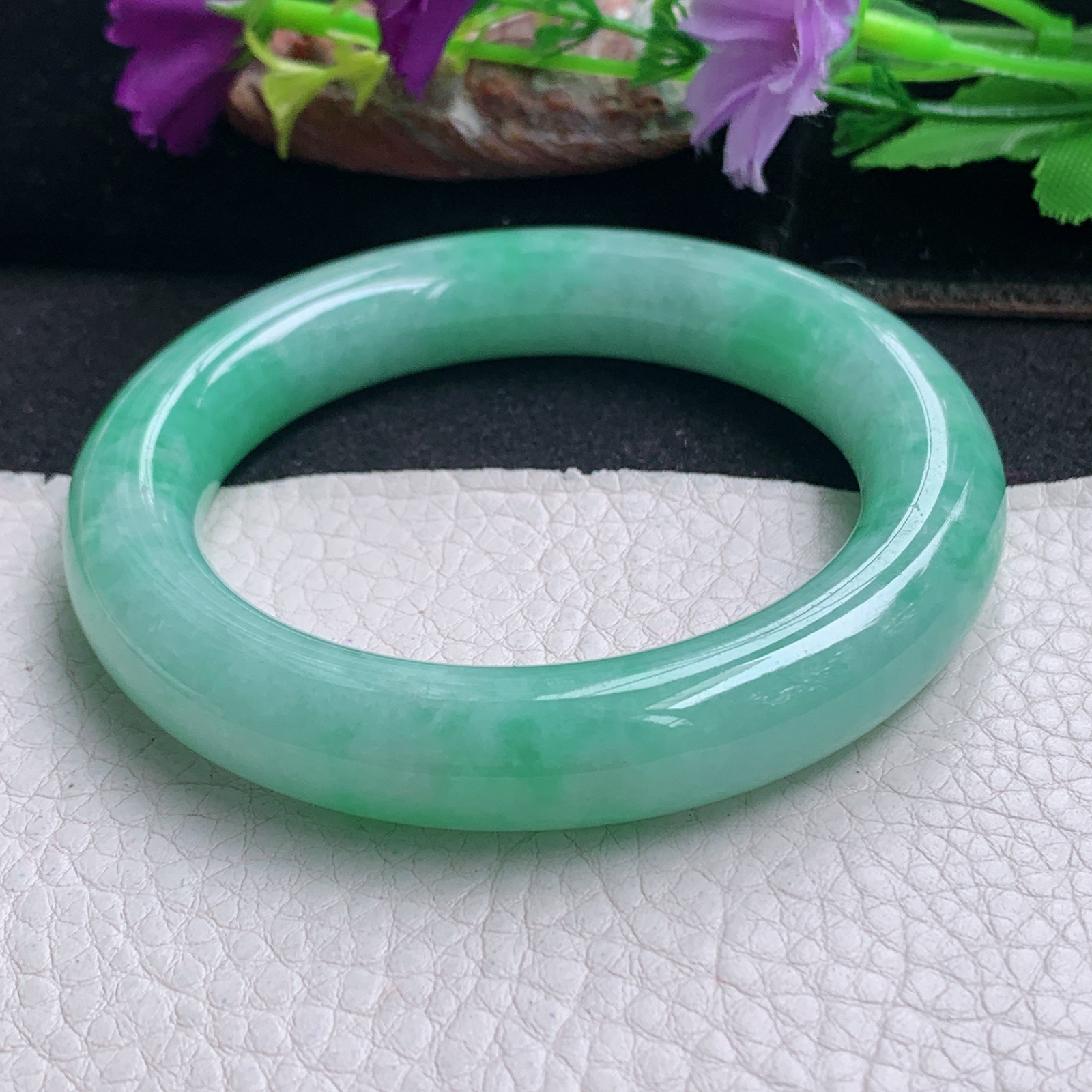 ll甜美大气款56.5*12.3*11.5胖圆镯 天然缅甸翡翠a货手镯辣绿圆条正圈玉镯子