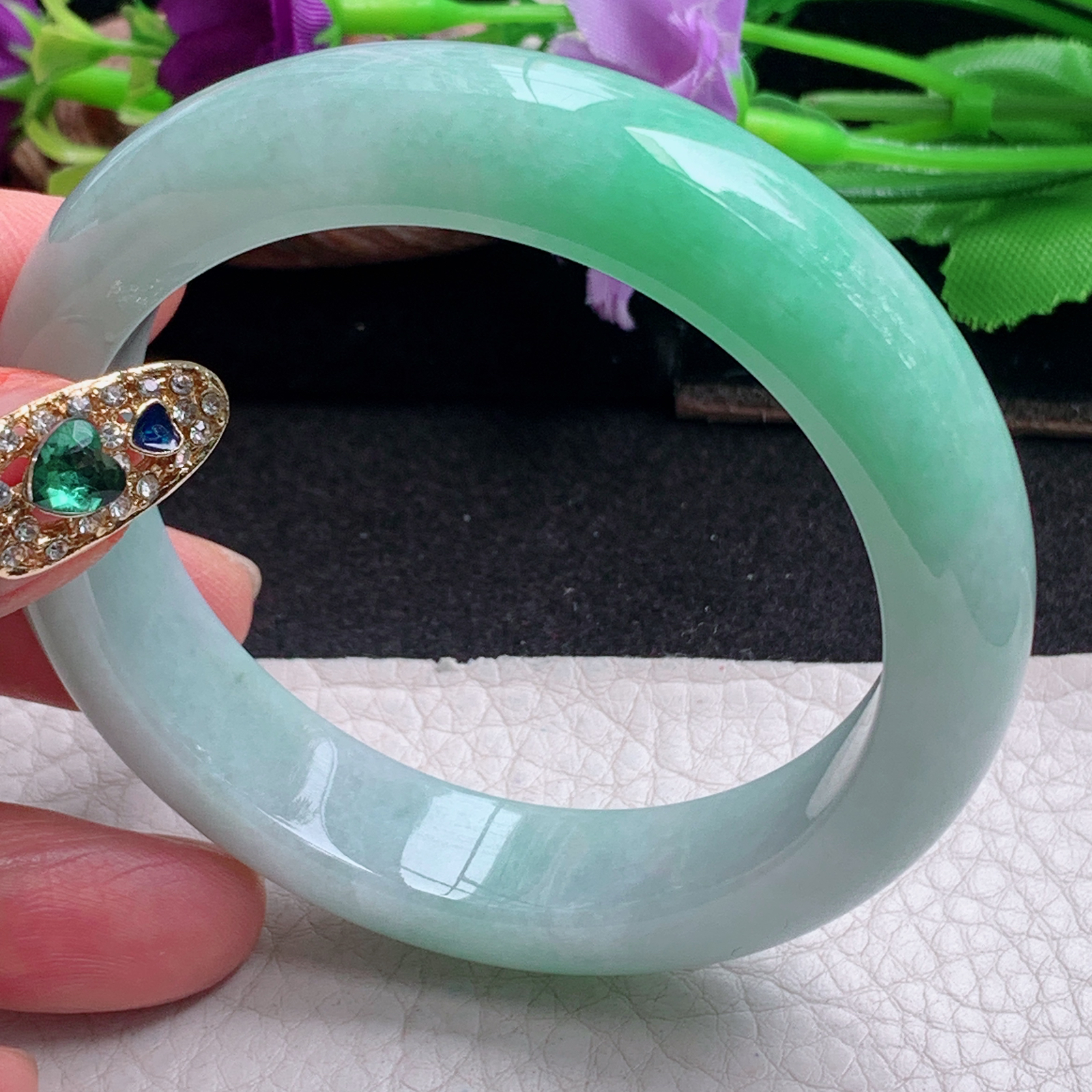 ll白底青54.5*13*8.3平安镯 天然缅甸翡翠a货手镯飘绿正圈玉镯子