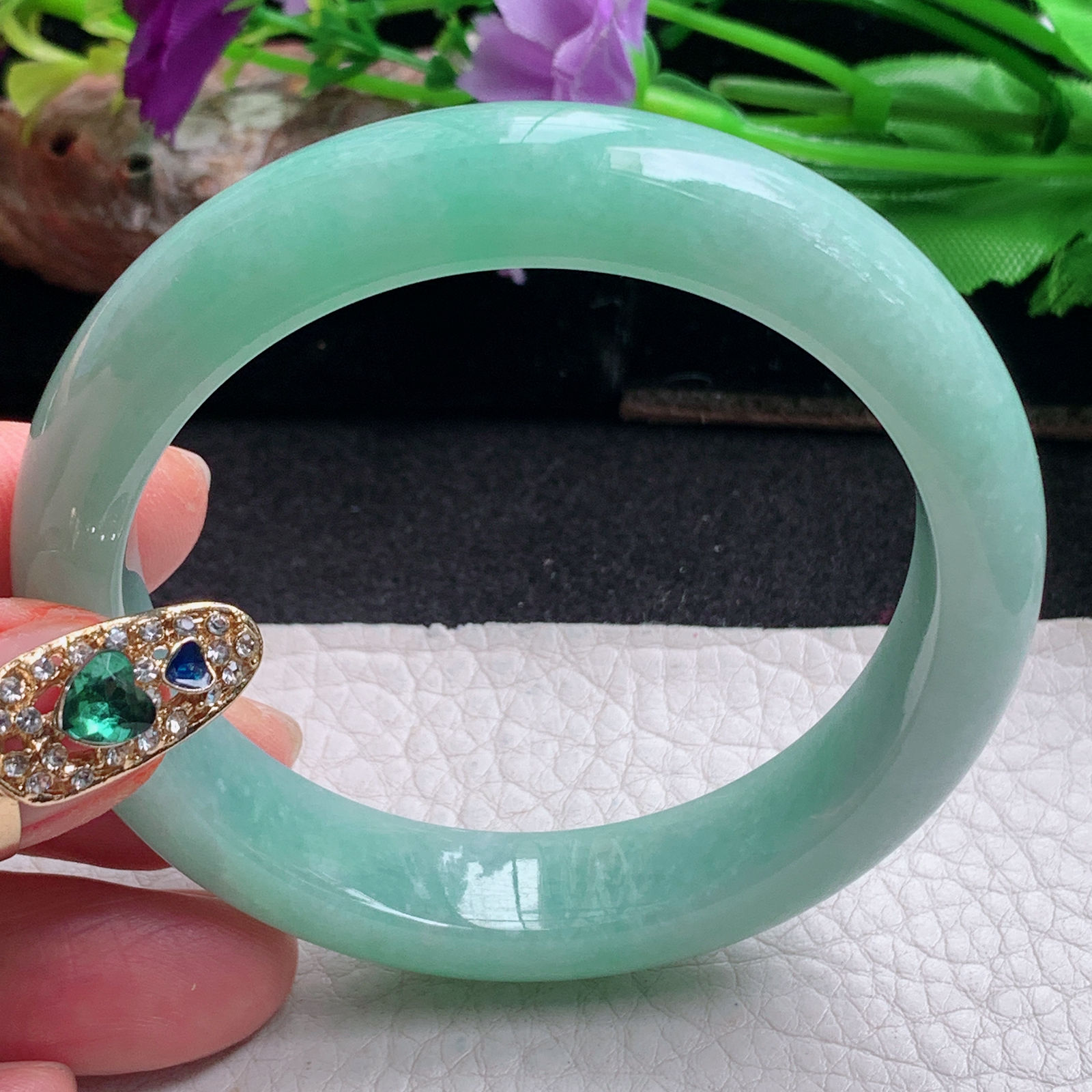 nr清新款54*12*8平安镯 天然缅甸翡翠a货手镯飘绿宽边正圈玉镯子