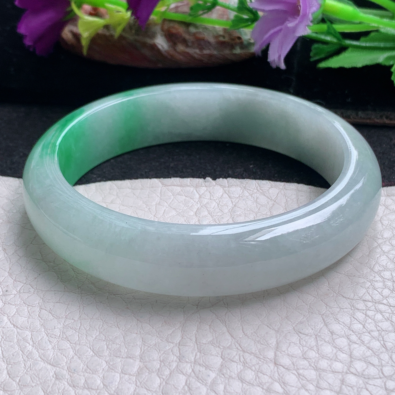 ll白底青58.5*14.2*8.2平安镯 天然缅甸翡翠a货手镯飘阳绿正圈玉镯子