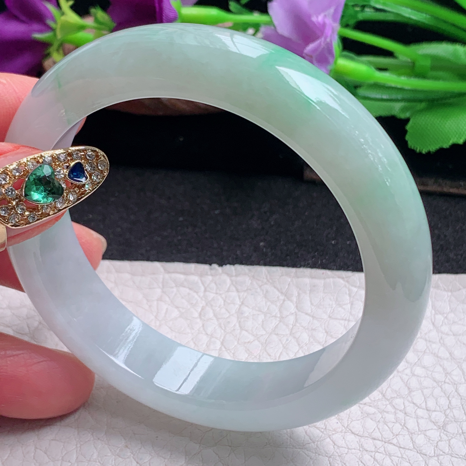 ll清爽款56.3*13.6*8.6平安镯 天然缅甸翡翠a货手镯飘绿正圈玉镯子