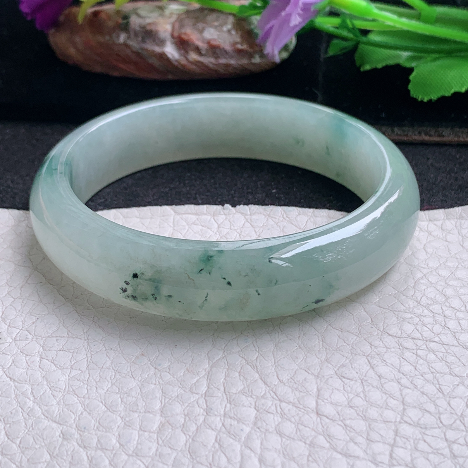 ll飘逸款57*14.2*7.5平安镯 天然缅甸翡翠a货手镯冰飘花正圈玉镯子