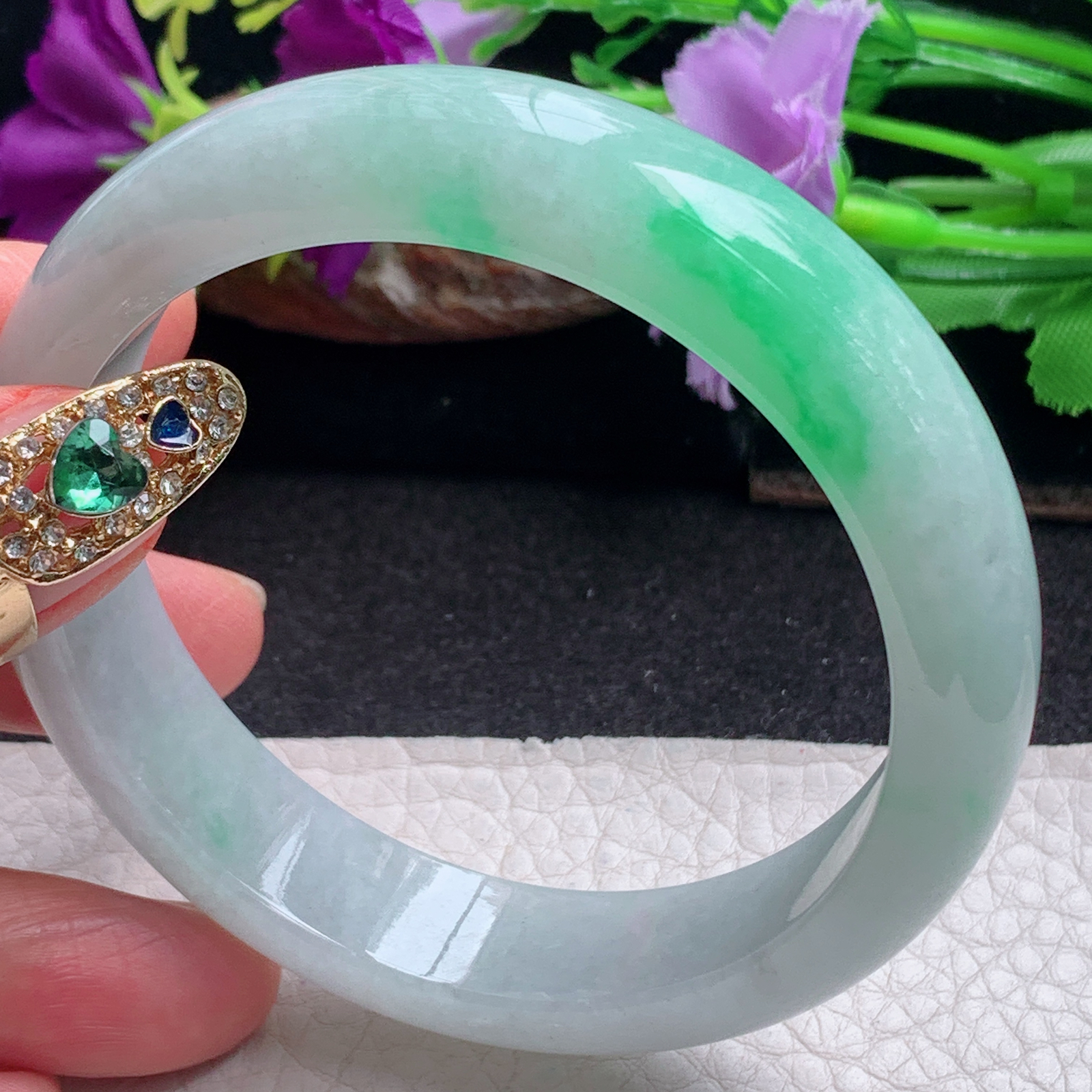 ll白底青58.5*14.2*8.2平安镯 天然缅甸翡翠a货手镯飘阳绿正圈玉镯子