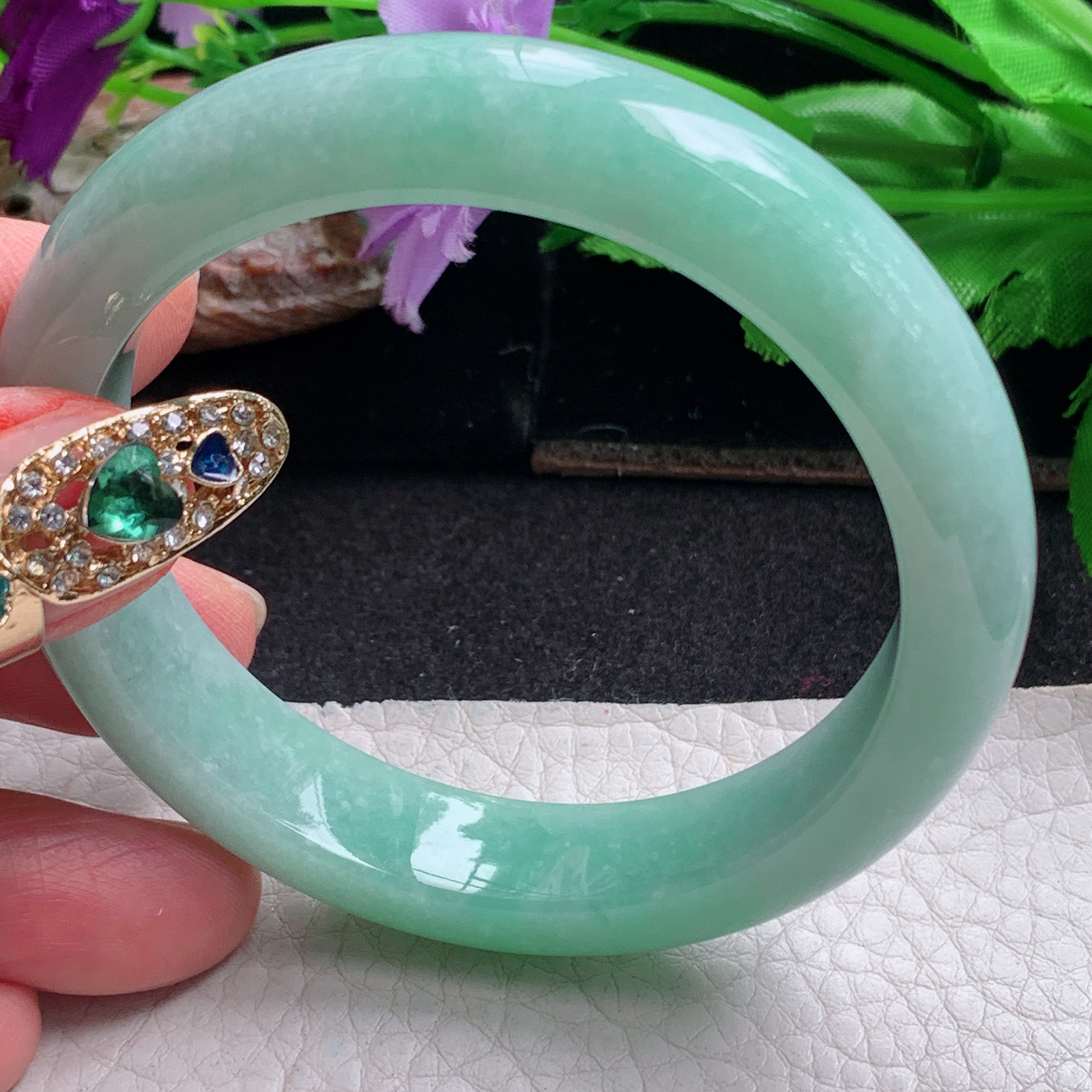 nr清新款54*12*8平安镯 天然缅甸翡翠a货手镯飘绿宽边正圈玉镯子