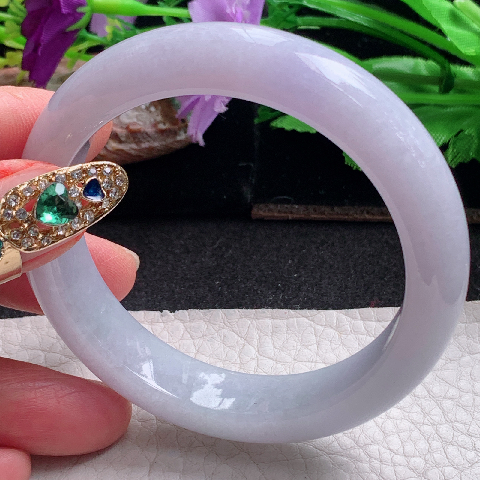 nr实拍53.5*12.5*8.3平安镯 天然缅甸翡翠a货手镯淡紫宽边正圈玉镯子