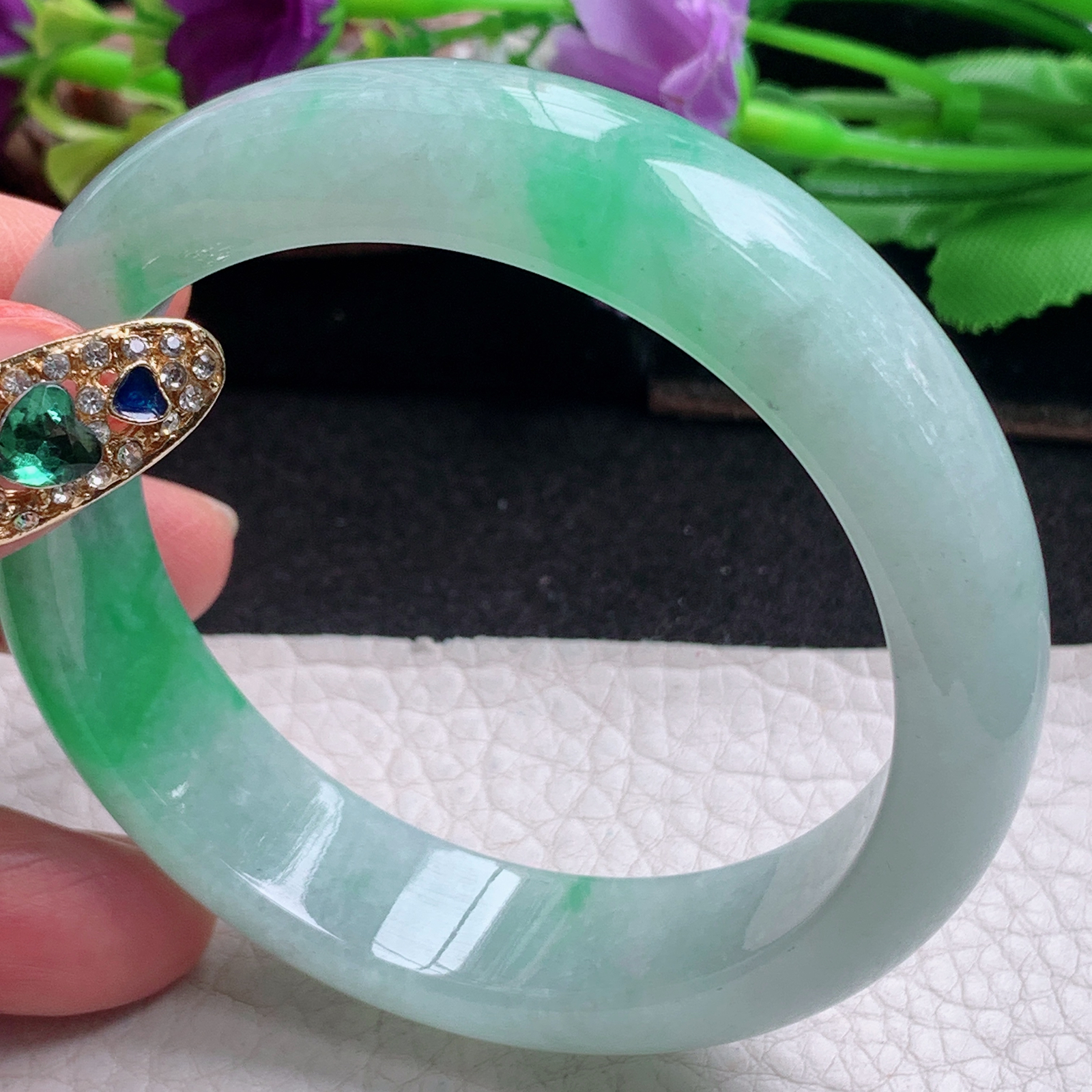 ll白底青55.5*14.3*7.8平安镯 天然缅甸翡翠a货手镯飘阳绿正圈玉镯子