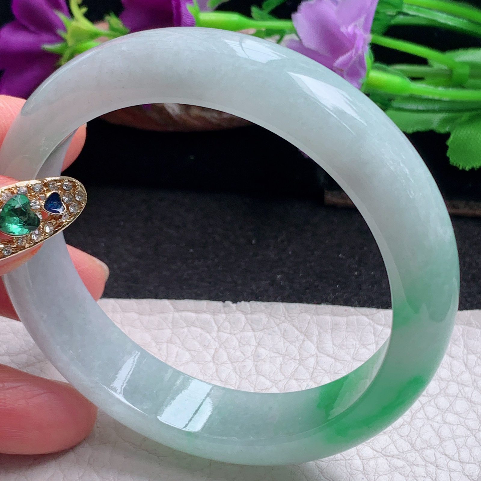 ll白底青58.5*14.2*8.2平安镯 天然缅甸翡翠a货手镯飘阳绿正圈玉镯子