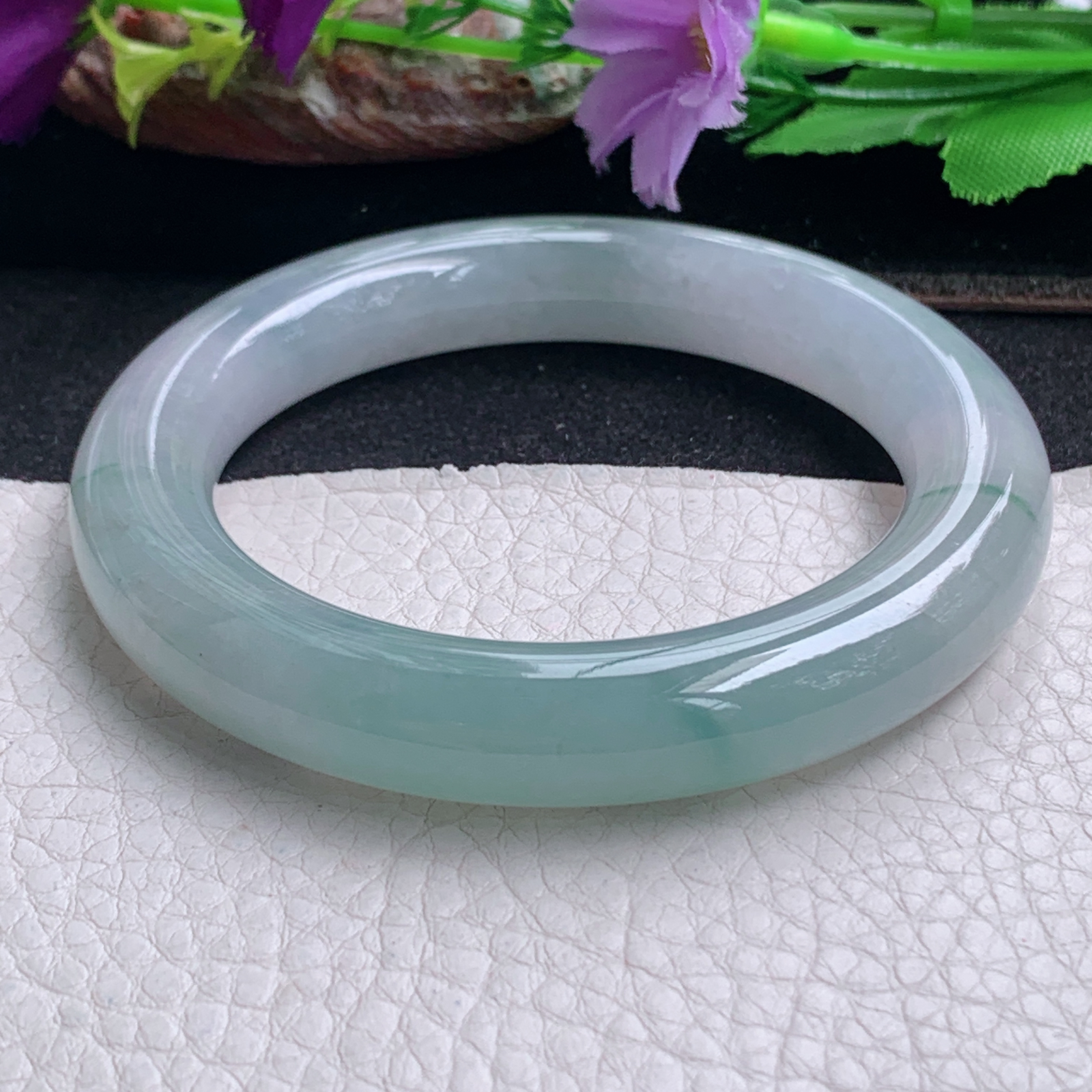 ll招财款56*11.5胖圆镯 天然缅甸翡翠a货手镯半山水圆条正圈玉镯子