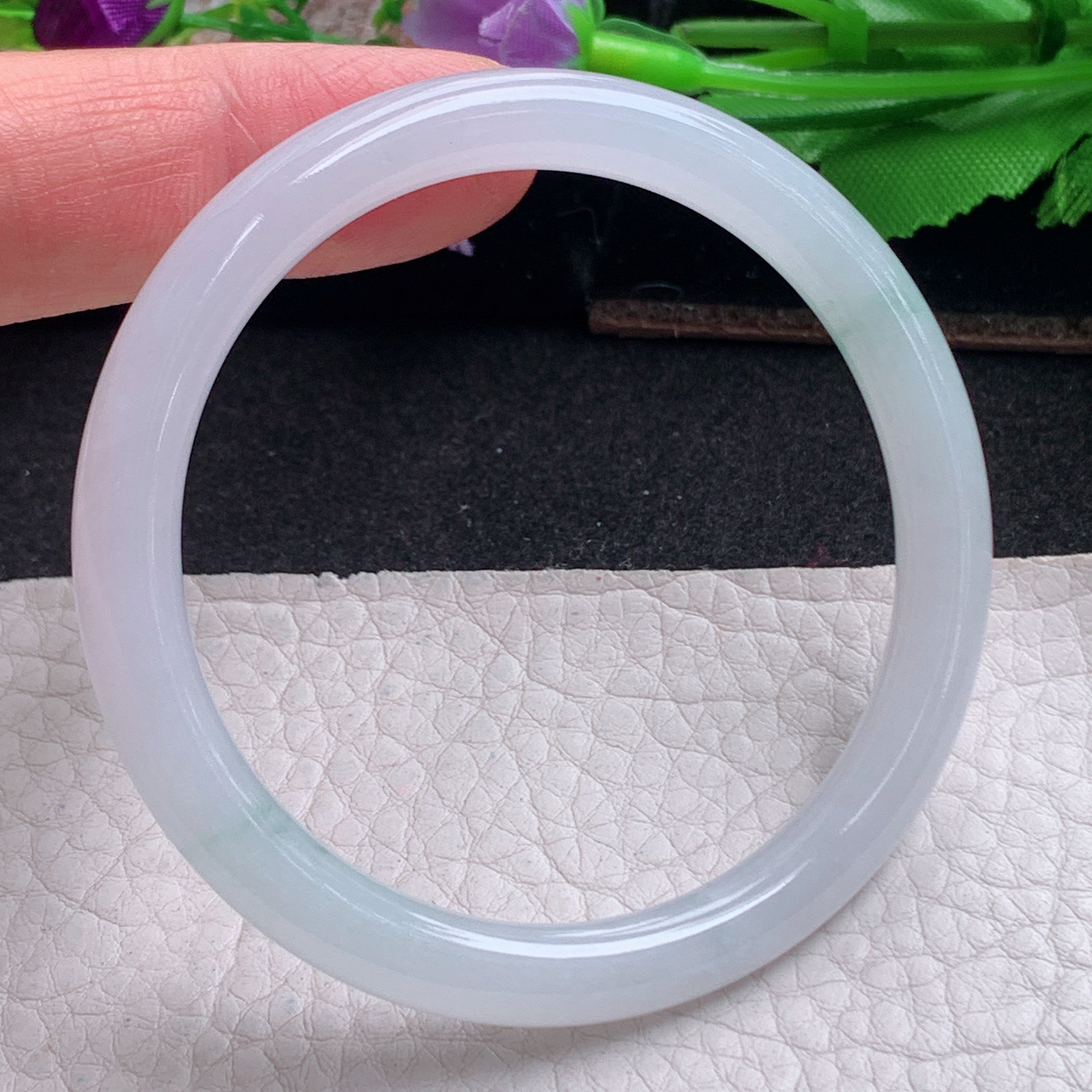 n小圈口51.3*6.5*6.8叮当镯 特色天然缅甸翡翠a货手镯飘花圆条美人镯