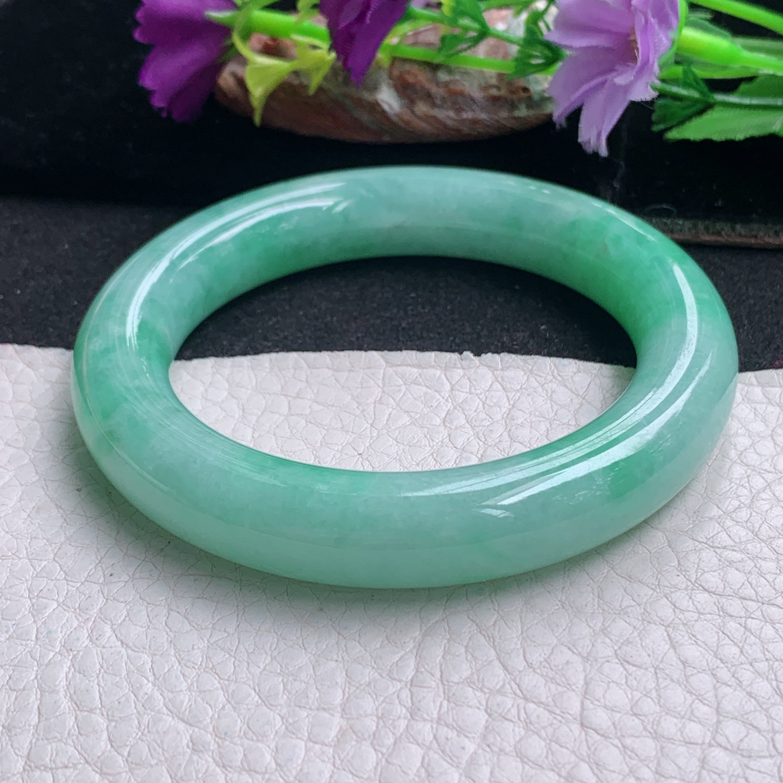 ll甜美大气款56.5*12.3*11.5胖圆镯 天然缅甸翡翠a货手镯辣绿圆条正圈玉镯子