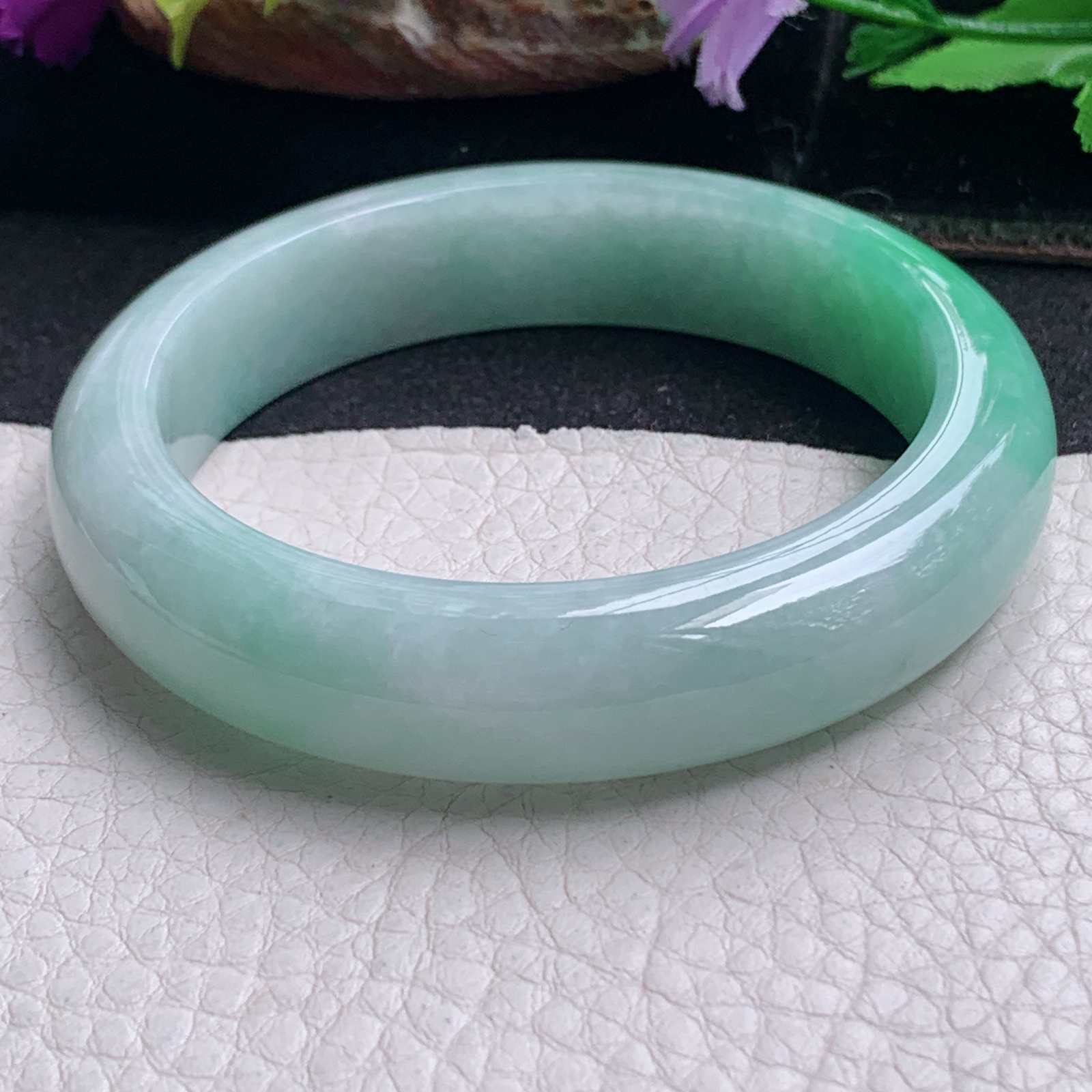 ll白底青54.5*13*8.3平安镯 天然缅甸翡翠a货手镯飘绿正圈玉镯子