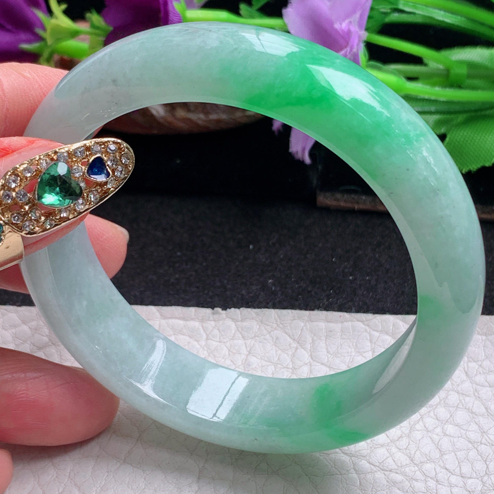 ll白底青55.5*14.3*7.8平安镯 天然缅甸翡翠a货手镯飘阳绿正圈玉镯子