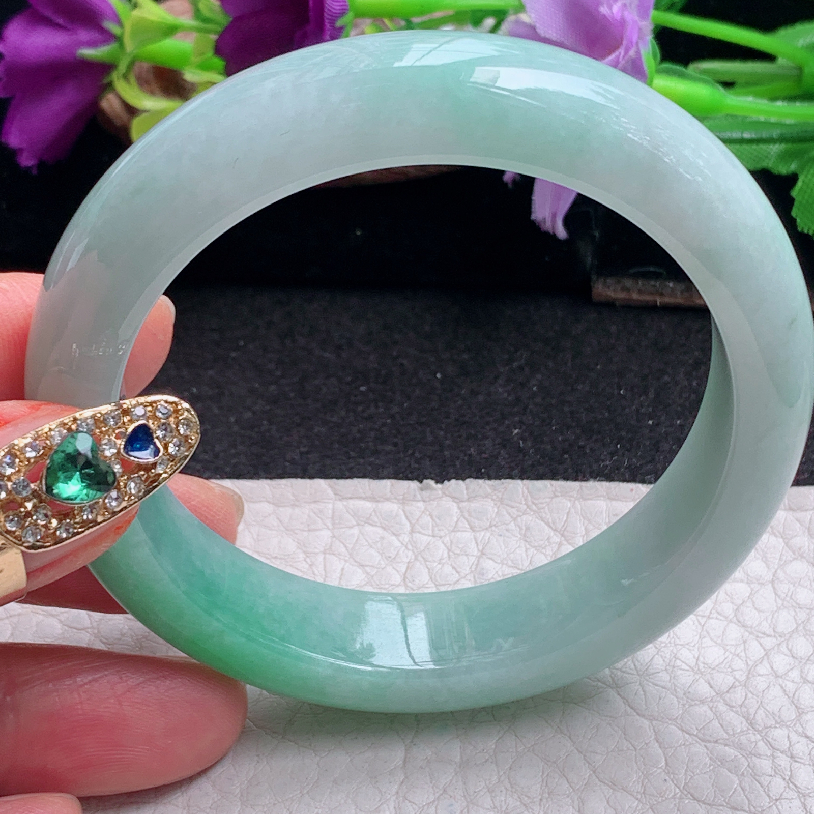 ll白底青54.5*13*8.3平安镯 天然缅甸翡翠a货手镯飘绿正圈玉镯子