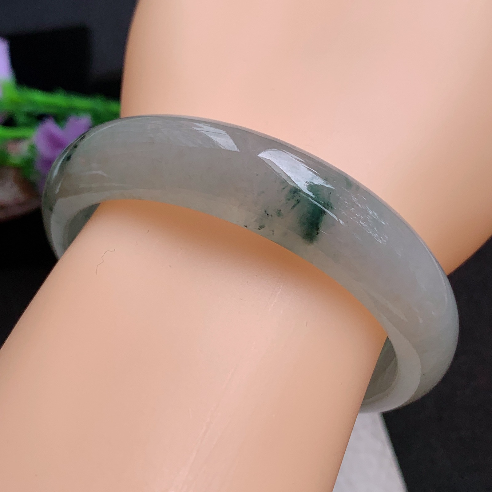 ll飘逸款57*14.2*7.5平安镯 天然缅甸翡翠a货手镯冰飘花正圈玉镯子