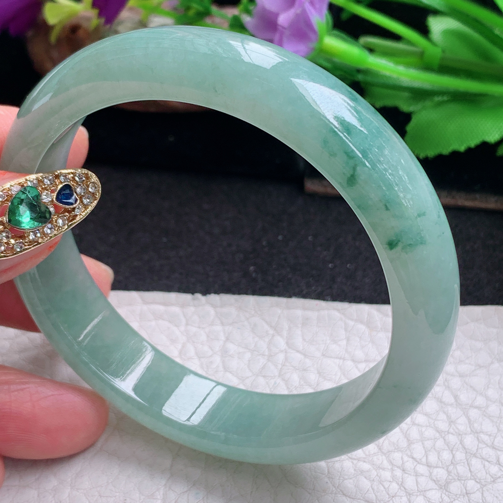 ll飘逸款57.3*13.5*7.5平安镯 天然缅甸翡翠a货手镯冰飘花正圈玉镯子