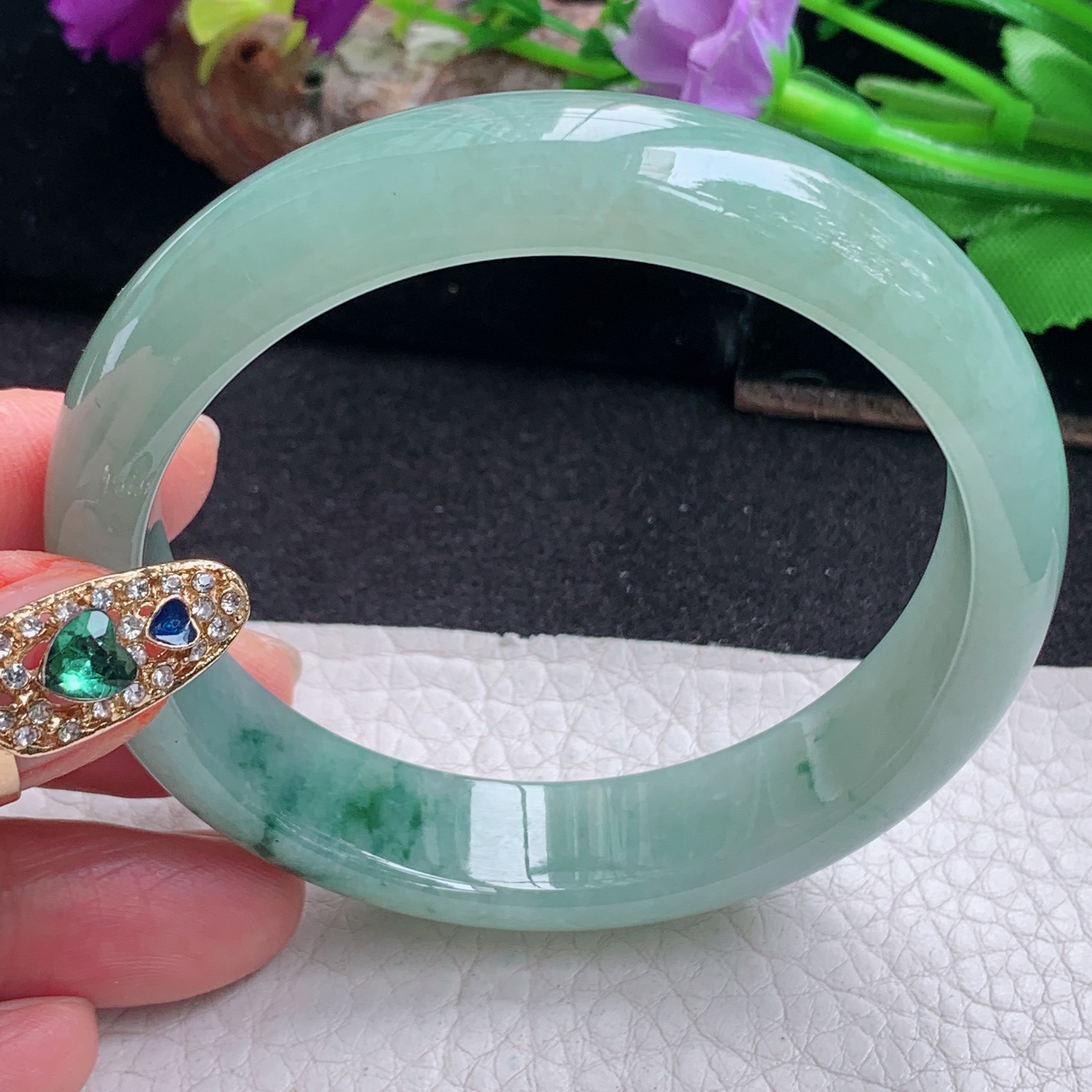 ll飘逸款57.3*13.5*7.5平安镯 天然缅甸翡翠a货手镯冰飘花正圈玉镯子