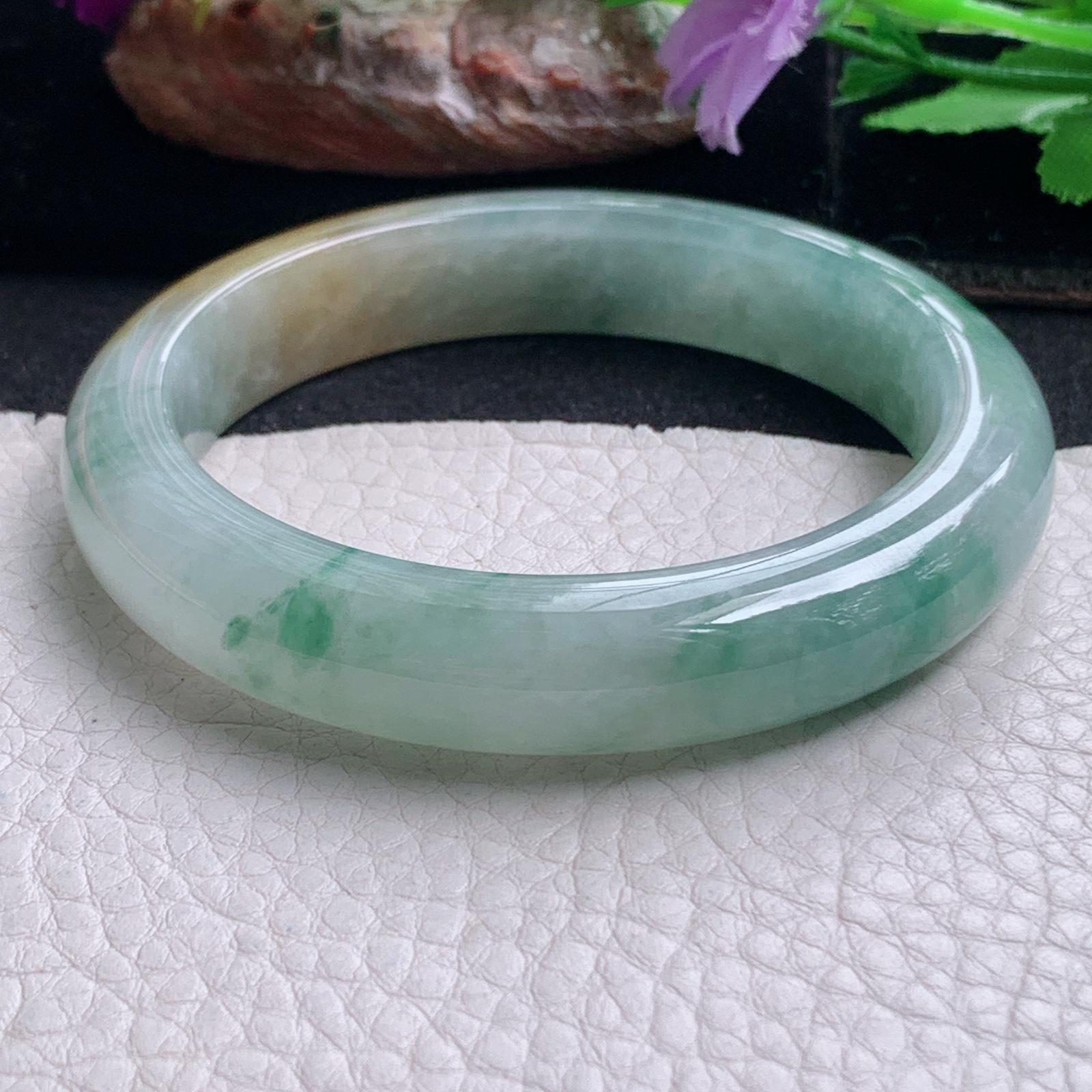 js实拍57*12*8.6平安镯 天然缅甸翡翠a货手镯冰三彩宽边正圈玉镯子