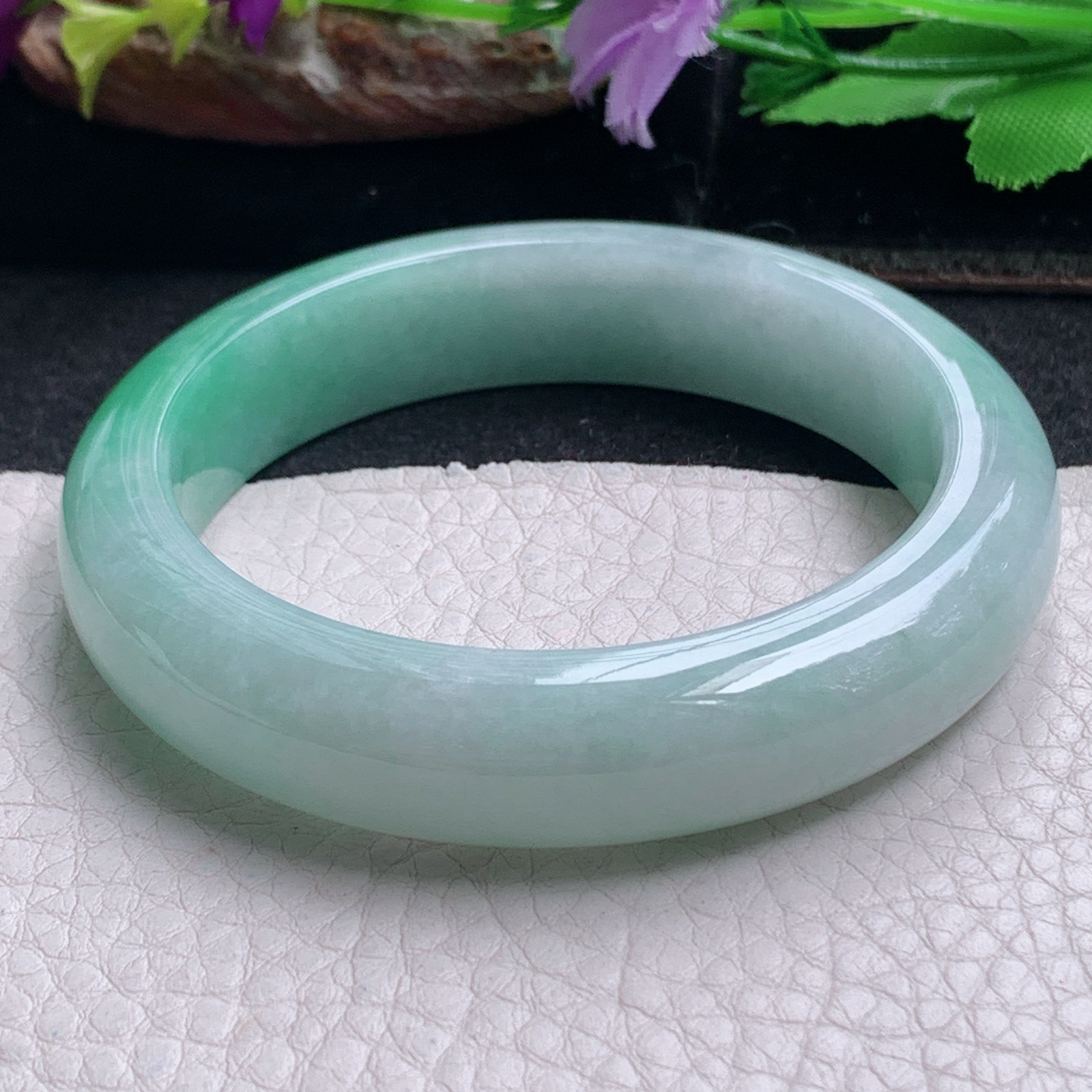 ll白底青54.5*13*8.3平安镯 天然缅甸翡翠a货手镯飘绿正圈玉镯子