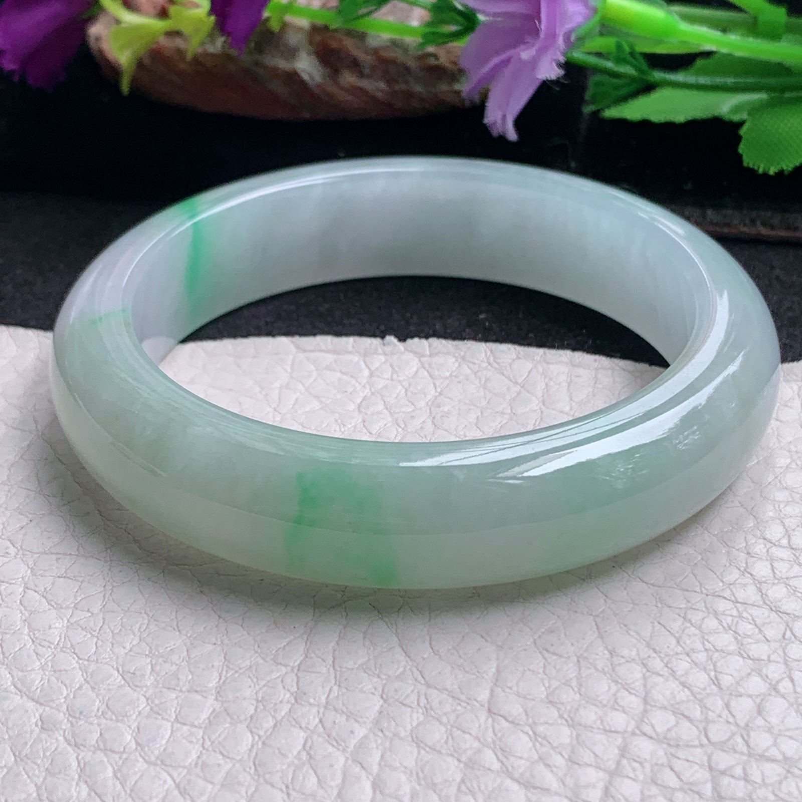 ll清爽款56.3*13.6*8.6平安镯 天然缅甸翡翠a货手镯飘绿正圈玉镯子