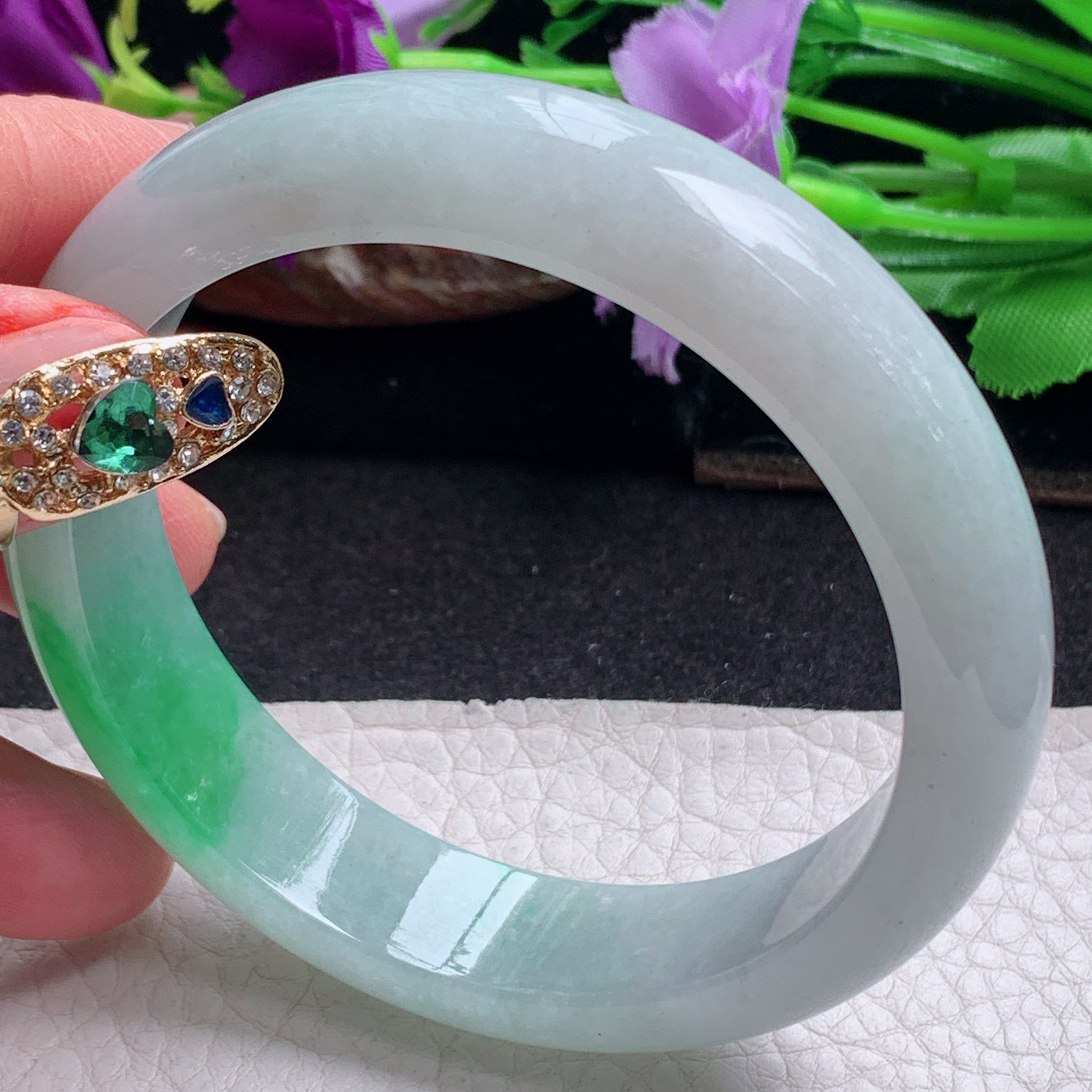 ll白底青58.5*14.2*8.2平安镯 天然缅甸翡翠a货手镯飘阳绿正圈玉镯子