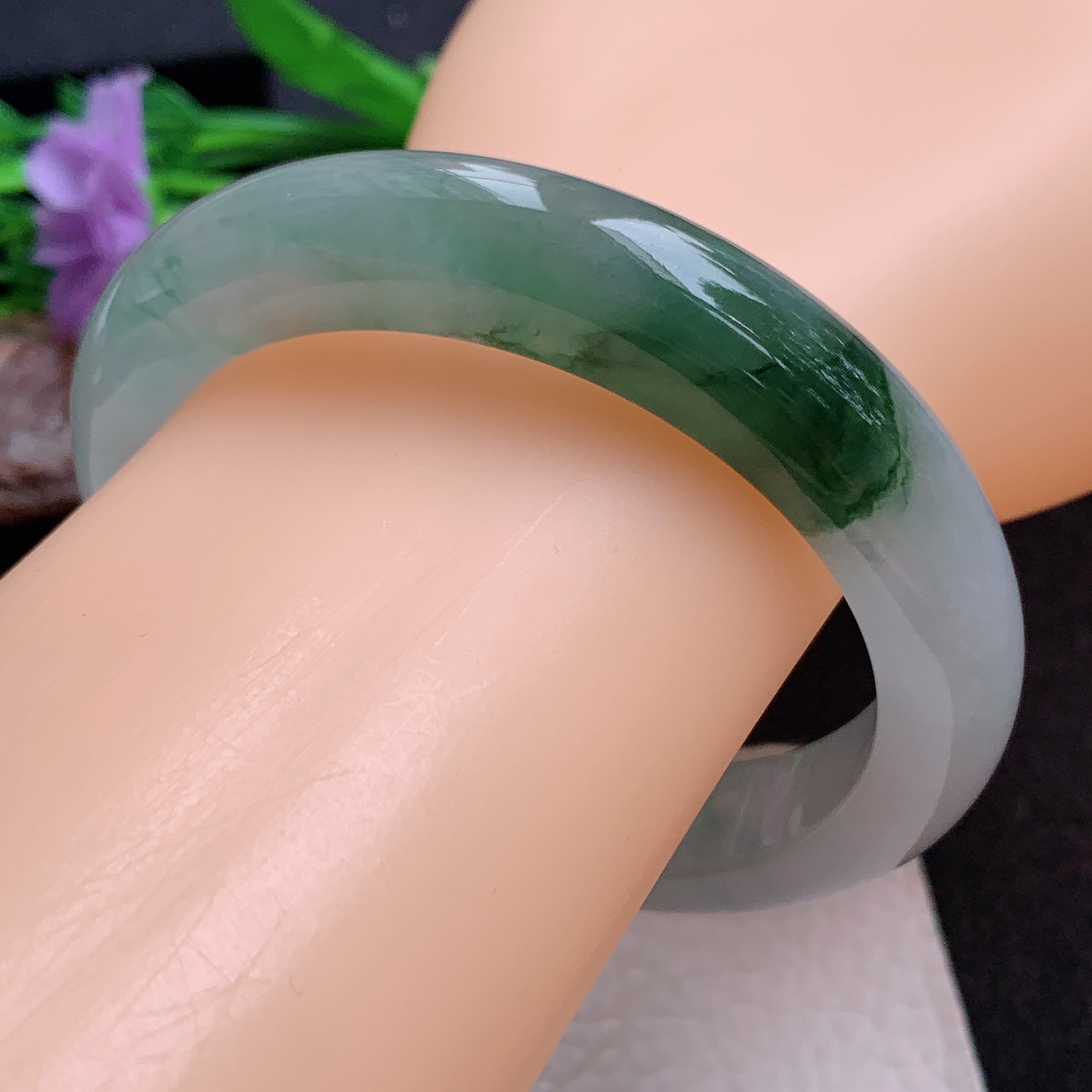 ll飘逸款58*12.5*9.5平安镯 天然缅甸翡翠a货手镯冰飘花厚装正圈玉镯子