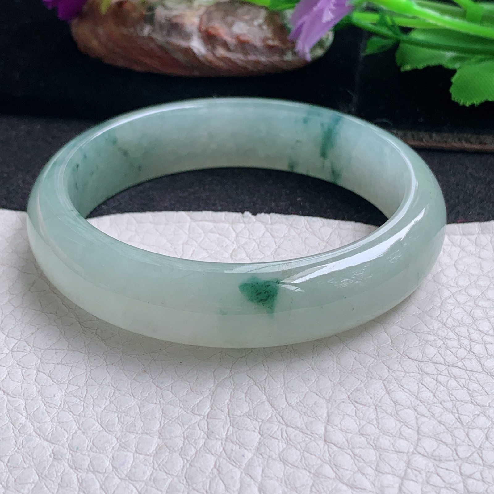 ll飘逸款57*14.2*7.5平安镯 天然缅甸翡翠a货手镯冰飘花正圈玉镯子