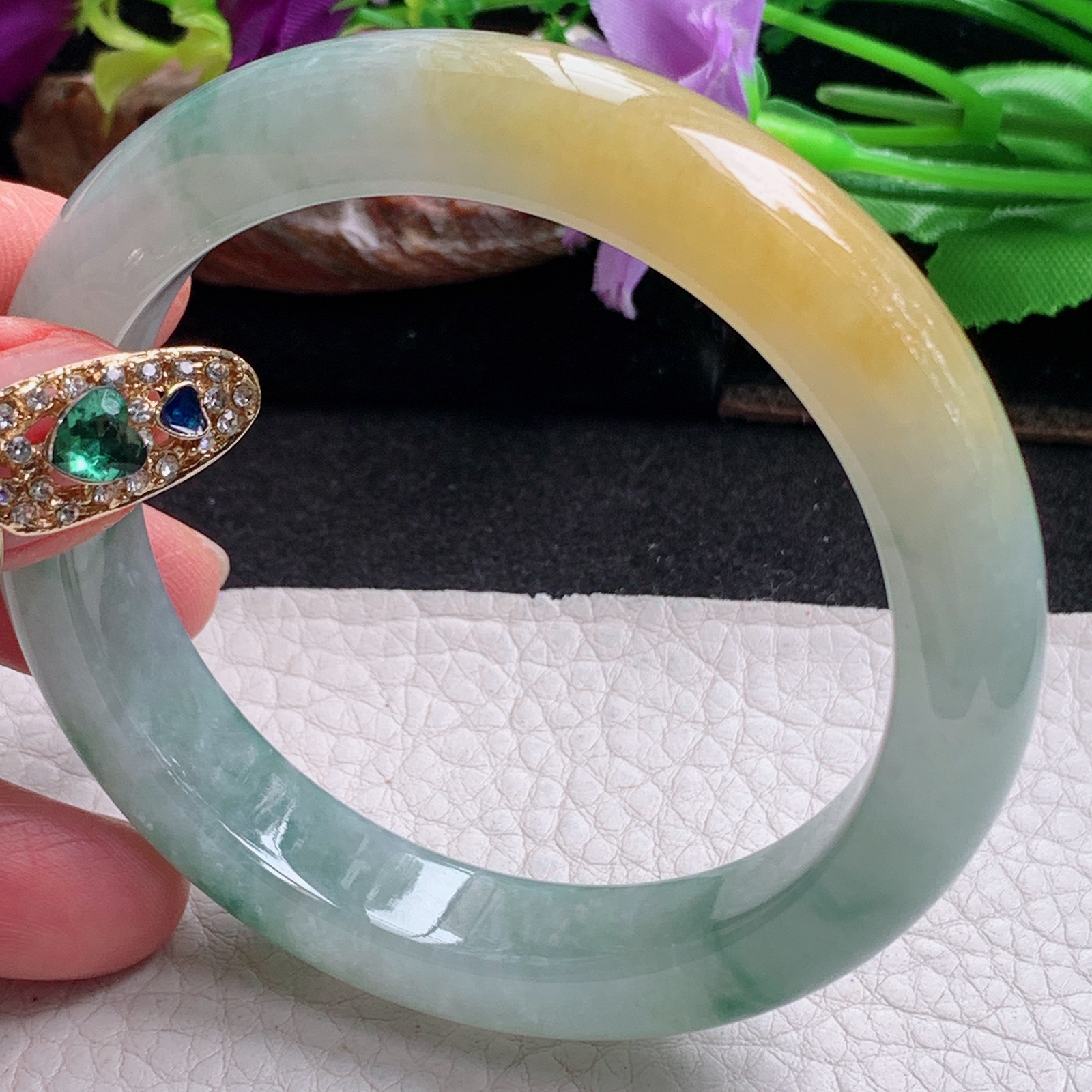 js实拍57*12*8.6平安镯 天然缅甸翡翠a货手镯冰三彩宽边正圈玉镯子