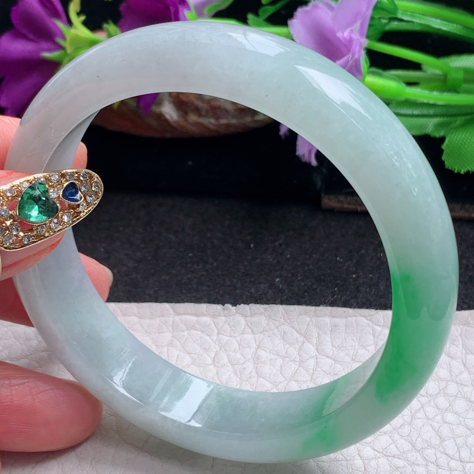 ll白底青58.5*14.2*8.2平安镯 天然缅甸翡翠a货手镯飘阳绿正圈玉镯子