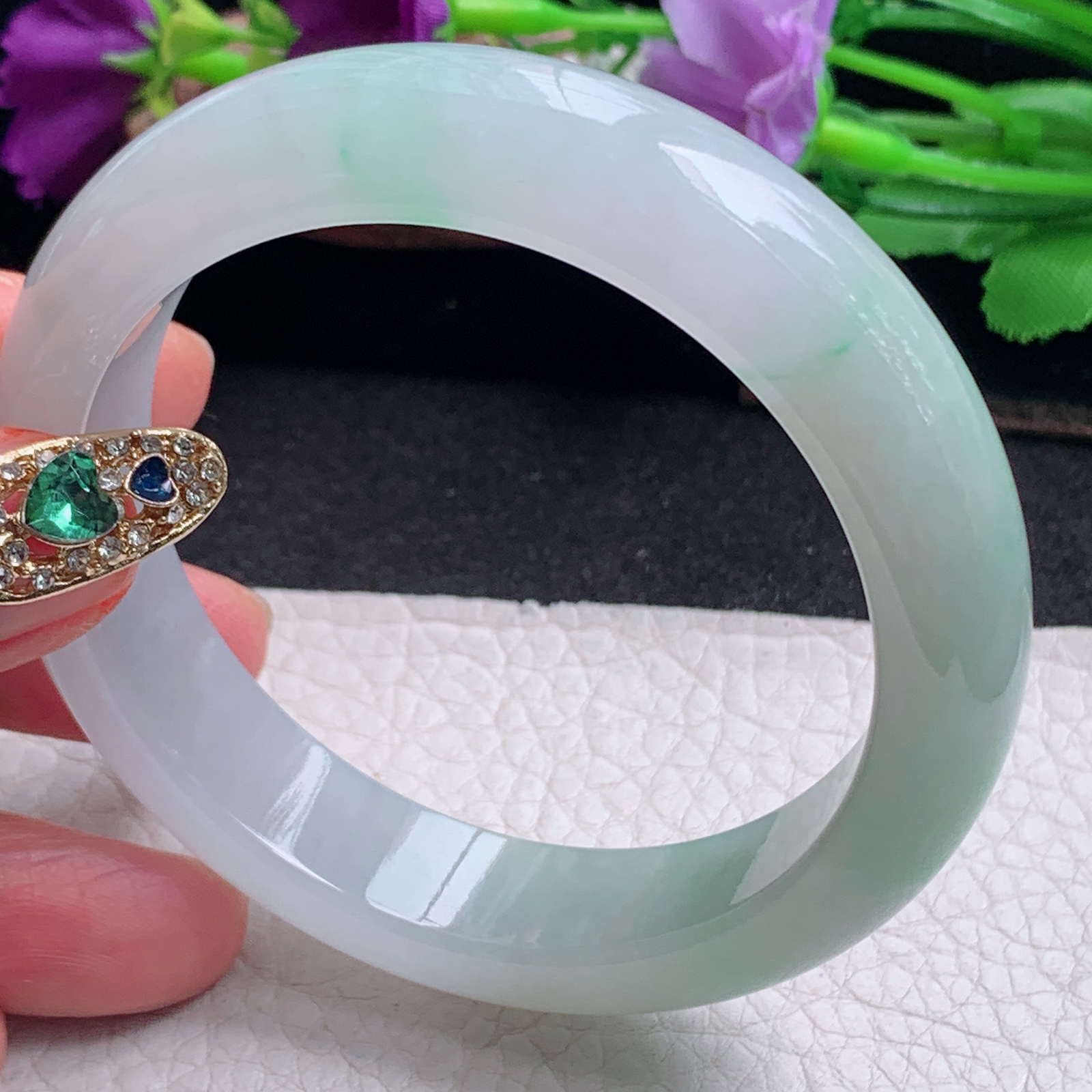 ll清爽款56.3*13.6*8.6平安镯 天然缅甸翡翠a货手镯飘绿正圈玉镯子