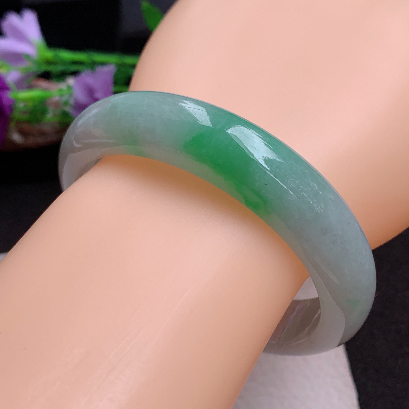 ll白底青58.5*14.2*8.2平安镯 天然缅甸翡翠a货手镯飘阳绿正圈玉镯子