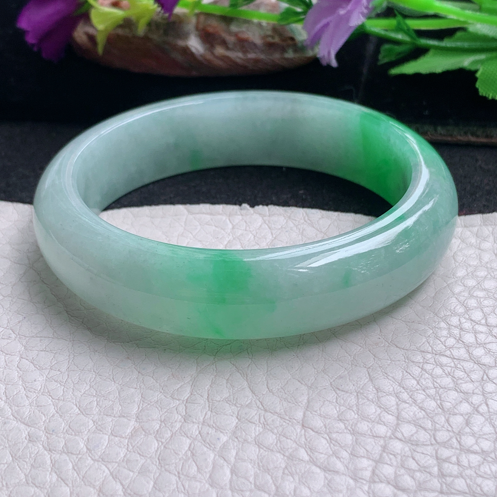 ll白底青55.5*14.3*7.8平安镯 天然缅甸翡翠a货手镯飘阳绿正圈玉镯子