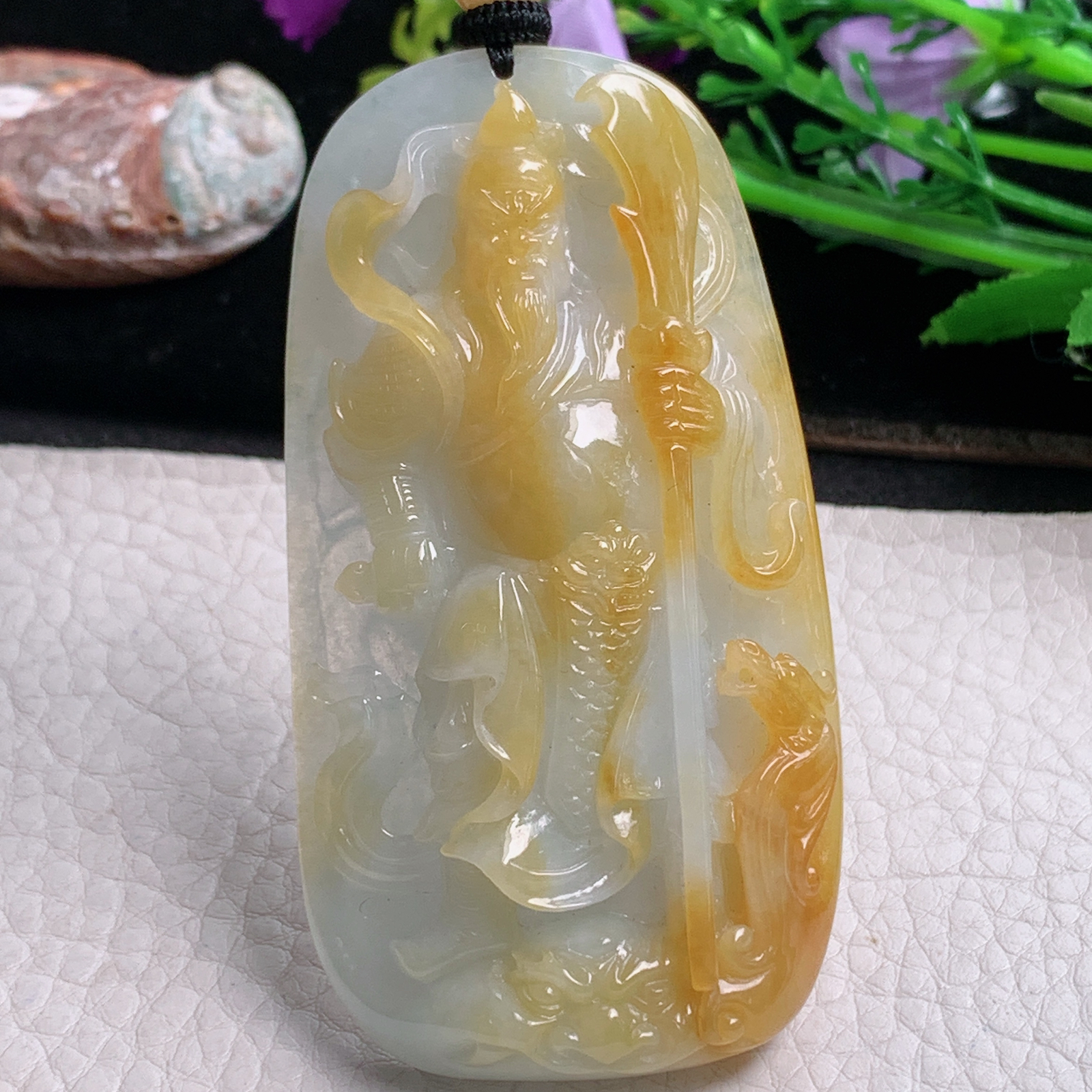 csy实拍75*39.8*11天然缅甸翡翠冰双彩持刀关公 关二爷玉吊坠 玉挂件