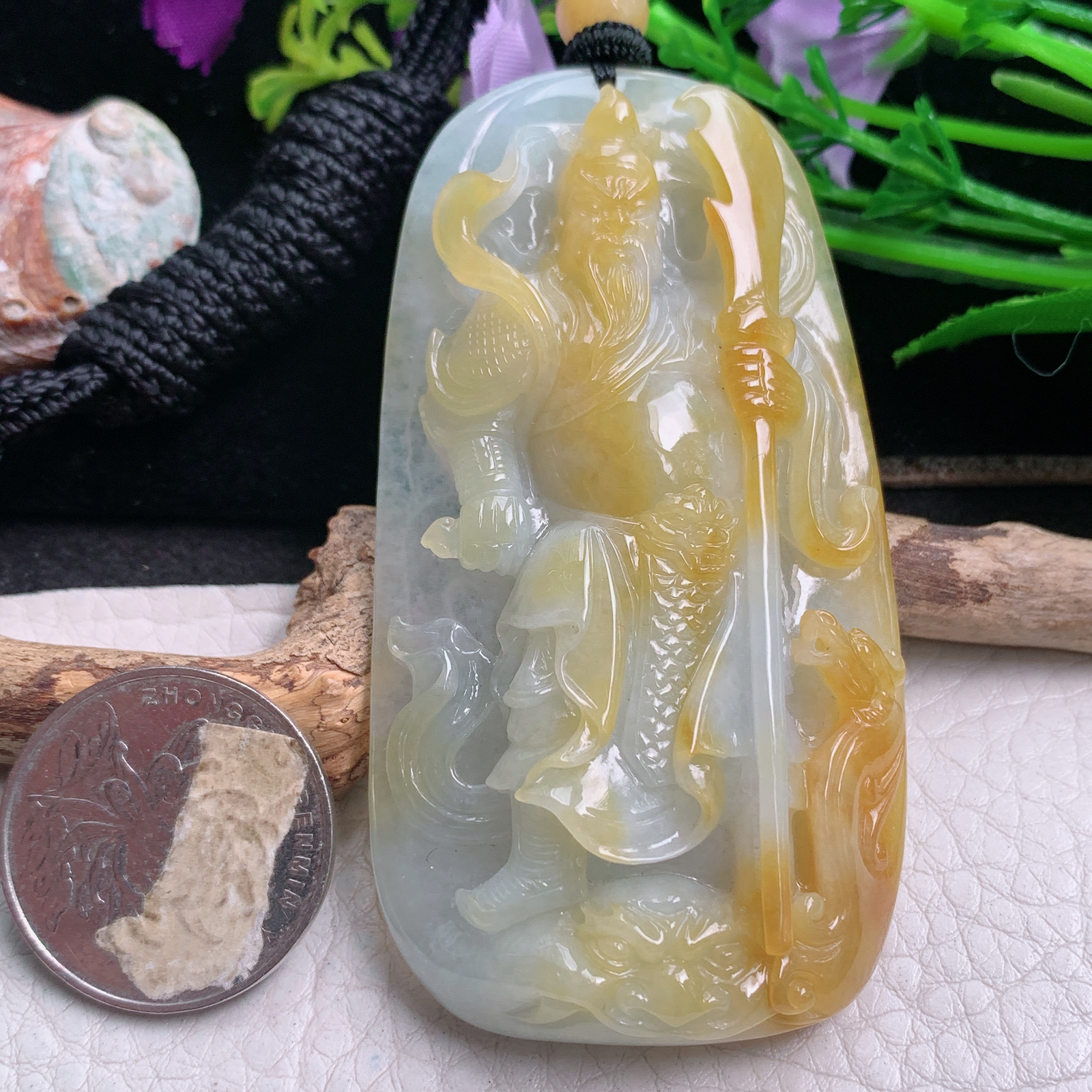 csy实拍75*39.8*11天然缅甸翡翠冰双彩持刀关公 关二爷玉吊坠 玉挂件