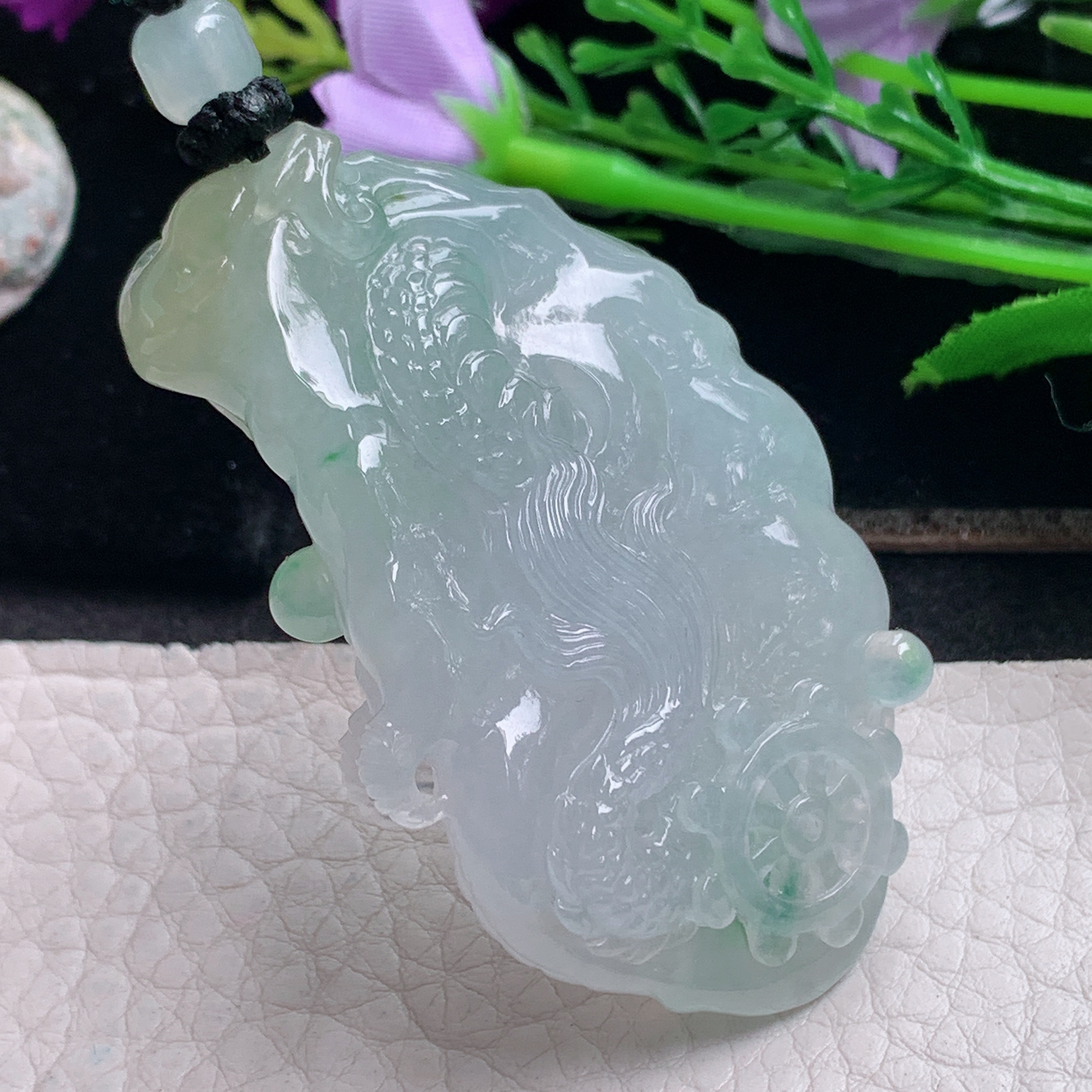 csy实拍59*36*14.2天然缅甸翡翠精雕冰飘绿花龙行天下 龙牌玉吊坠