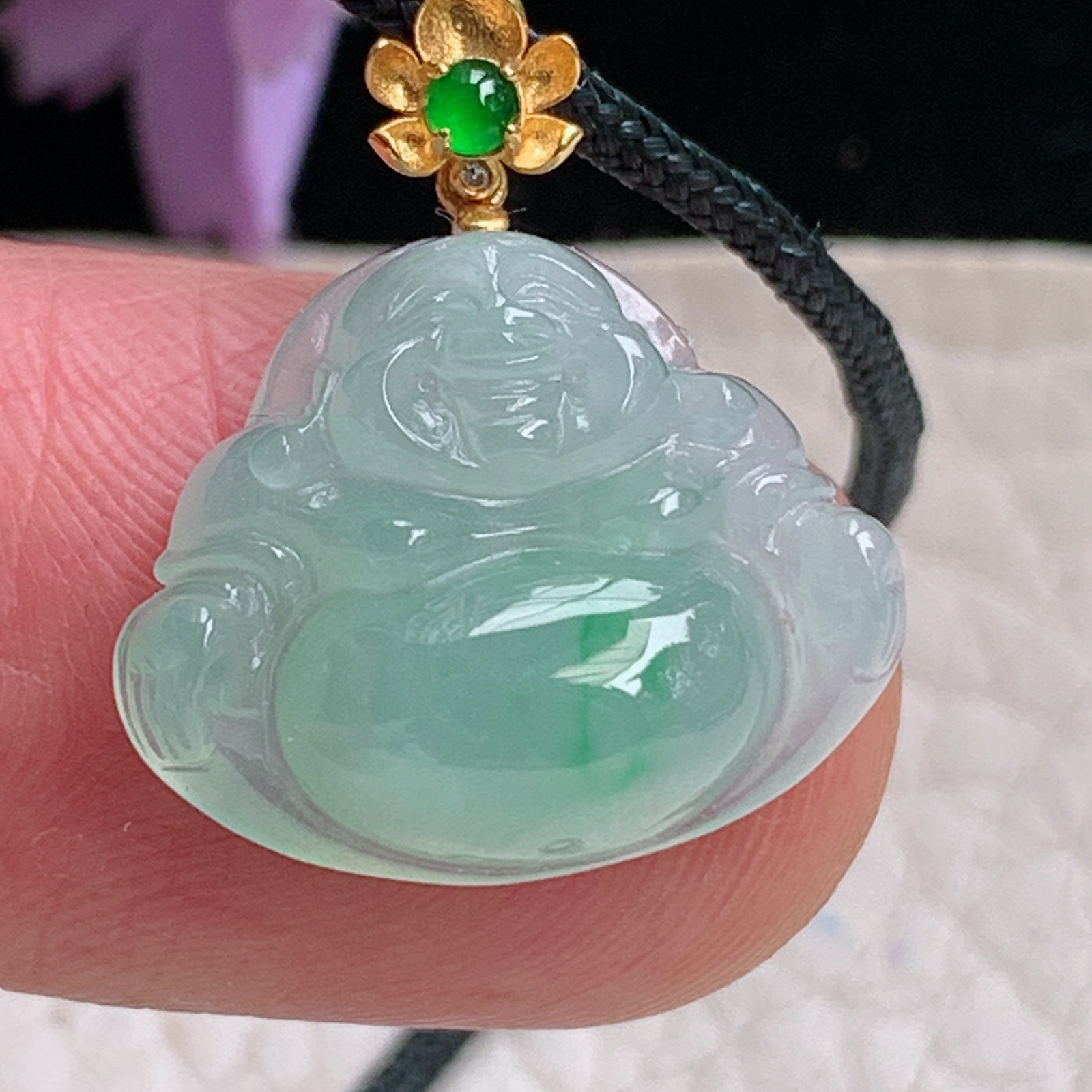 zz3实拍17*18.5*6.2缅甸翡翠满绿精美小佛公吊坠 镶金一刀切弥勒佛锁骨坠