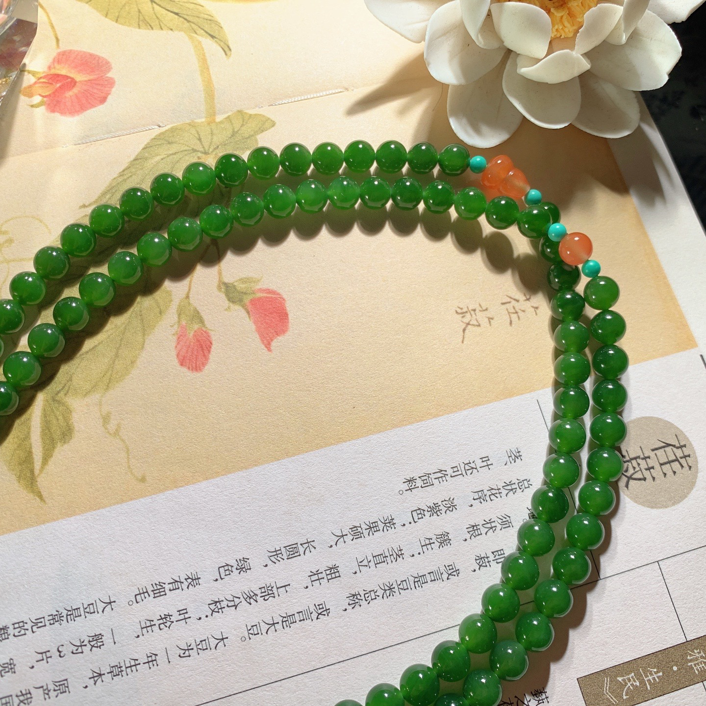 和田玉阳绿俄罗斯碧玉108佛珠项链。单颗尺寸6！玉质细腻油润 底色纯净 脂粉好，品质好。lt2604