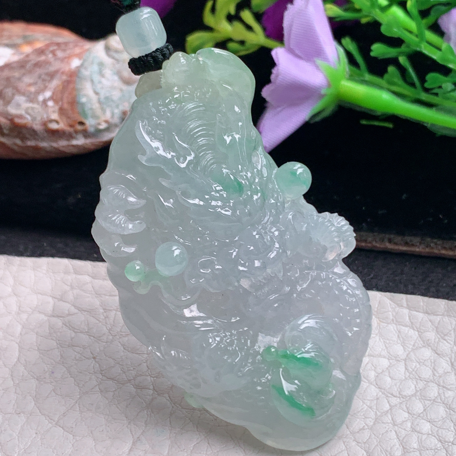 csy实拍59*36*14.2天然缅甸翡翠精雕冰飘绿花龙行天下 龙牌玉吊坠