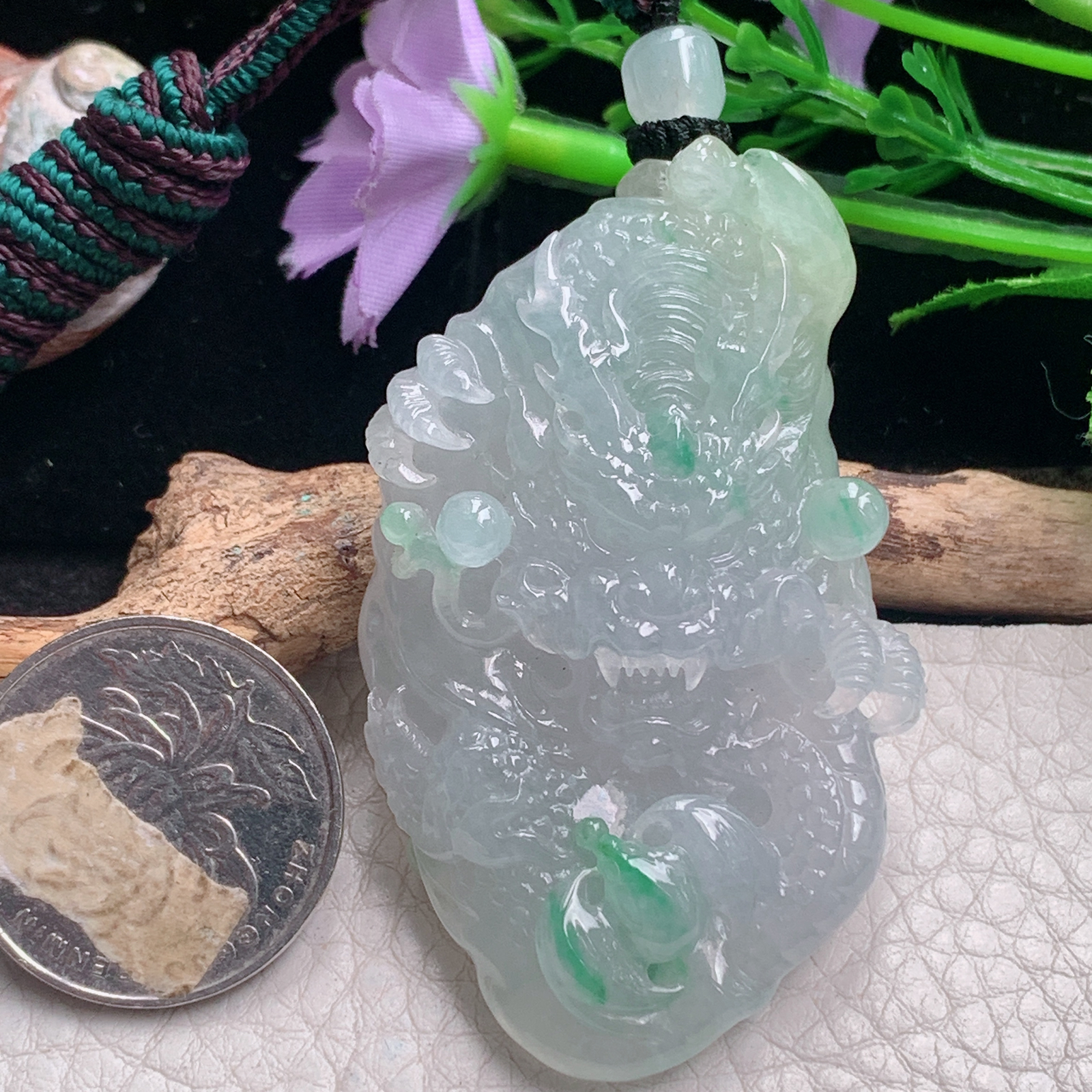 csy实拍59*36*14.2天然缅甸翡翠精雕冰飘绿花龙行天下 龙牌玉吊坠