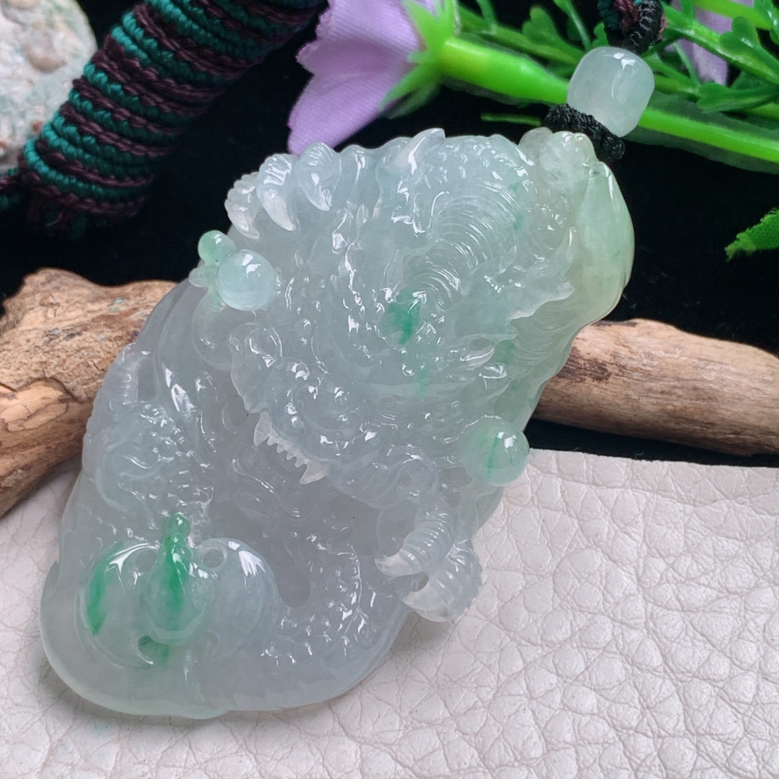 csy实拍59*36*14.2天然缅甸翡翠精雕冰飘绿花龙行天下 龙牌玉吊坠