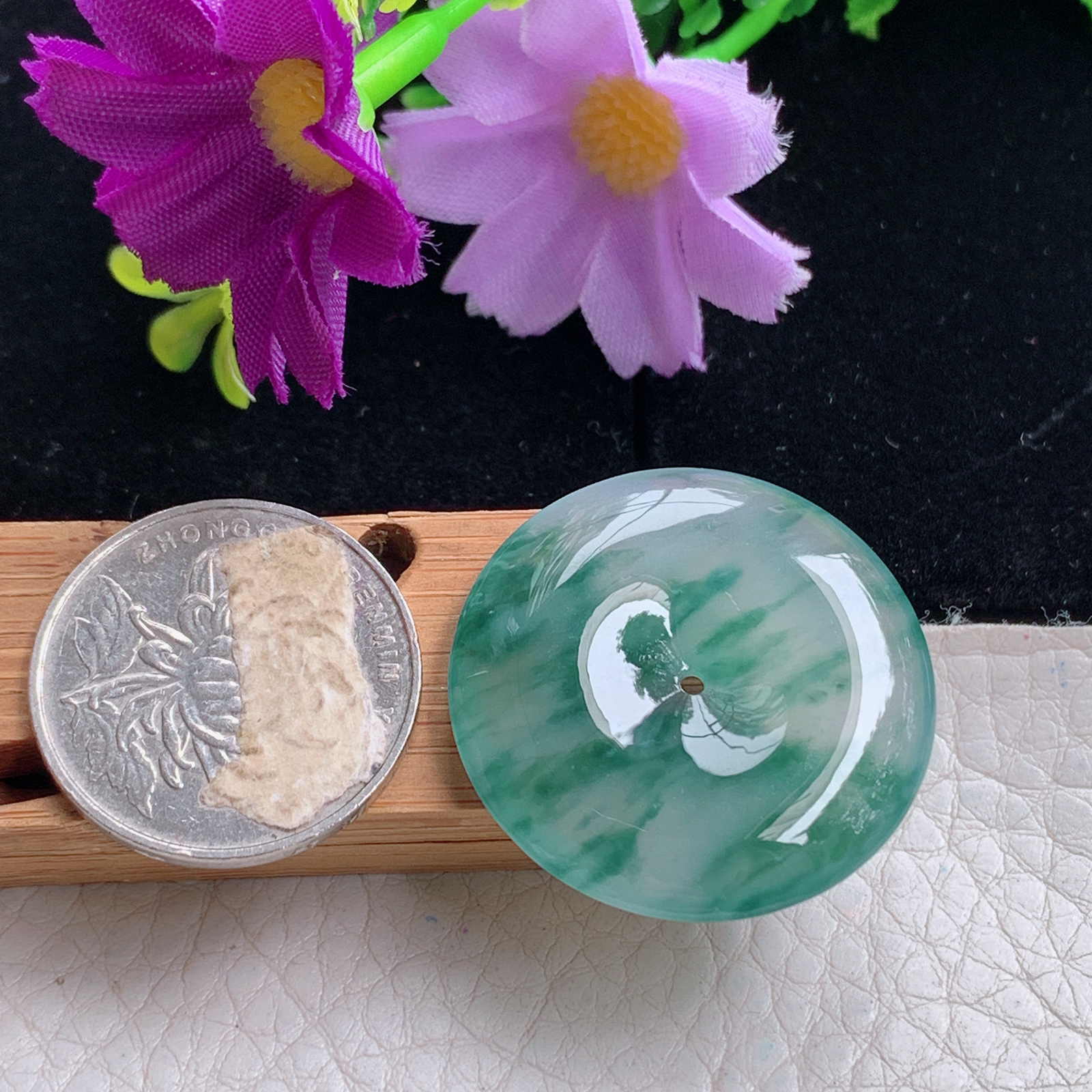 zz3实拍31*5.5天然缅甸翡翠冰飘花平安吊坠 简约高雅玉扣子玉坠