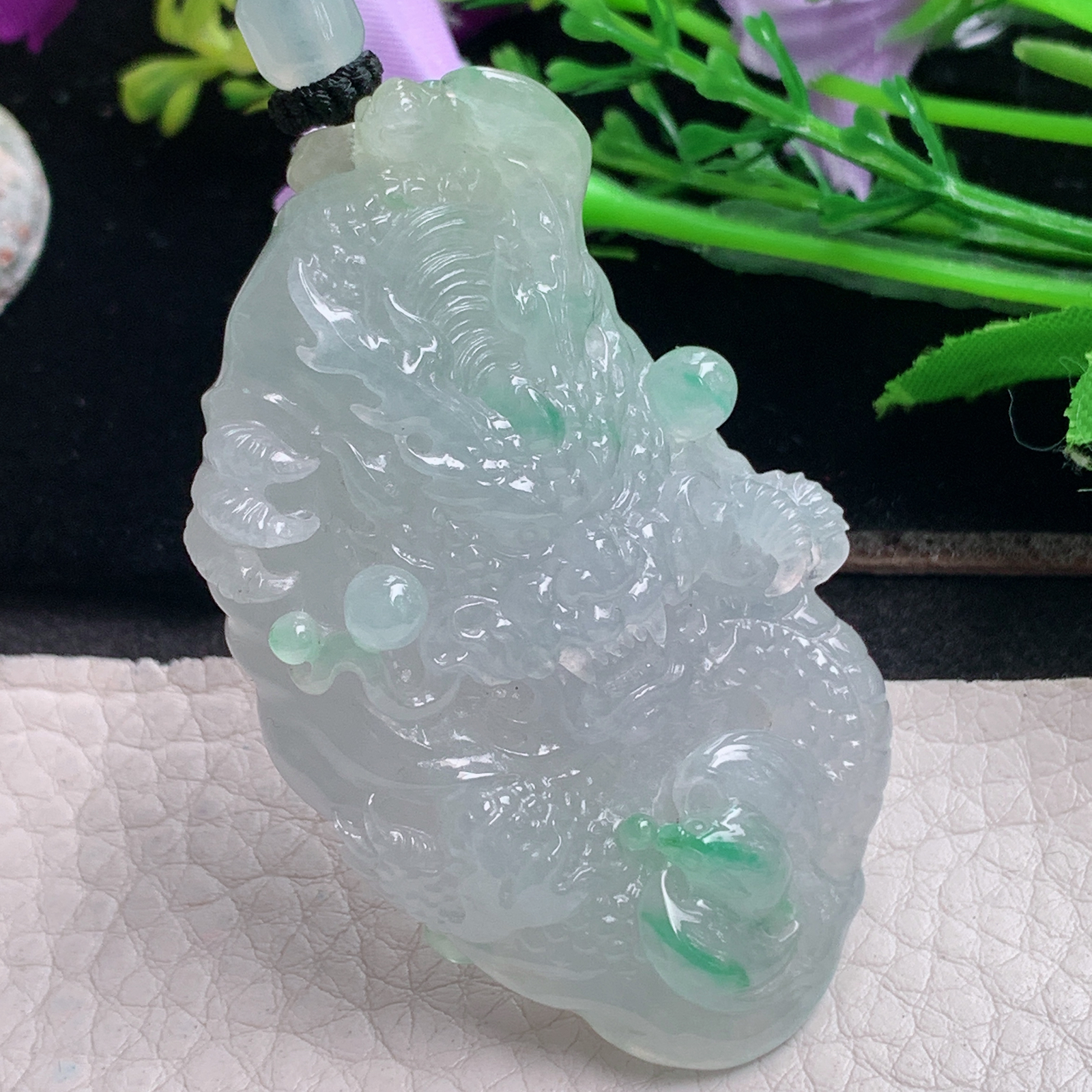 csy实拍59*36*14.2天然缅甸翡翠精雕冰飘绿花龙行天下 龙牌玉吊坠