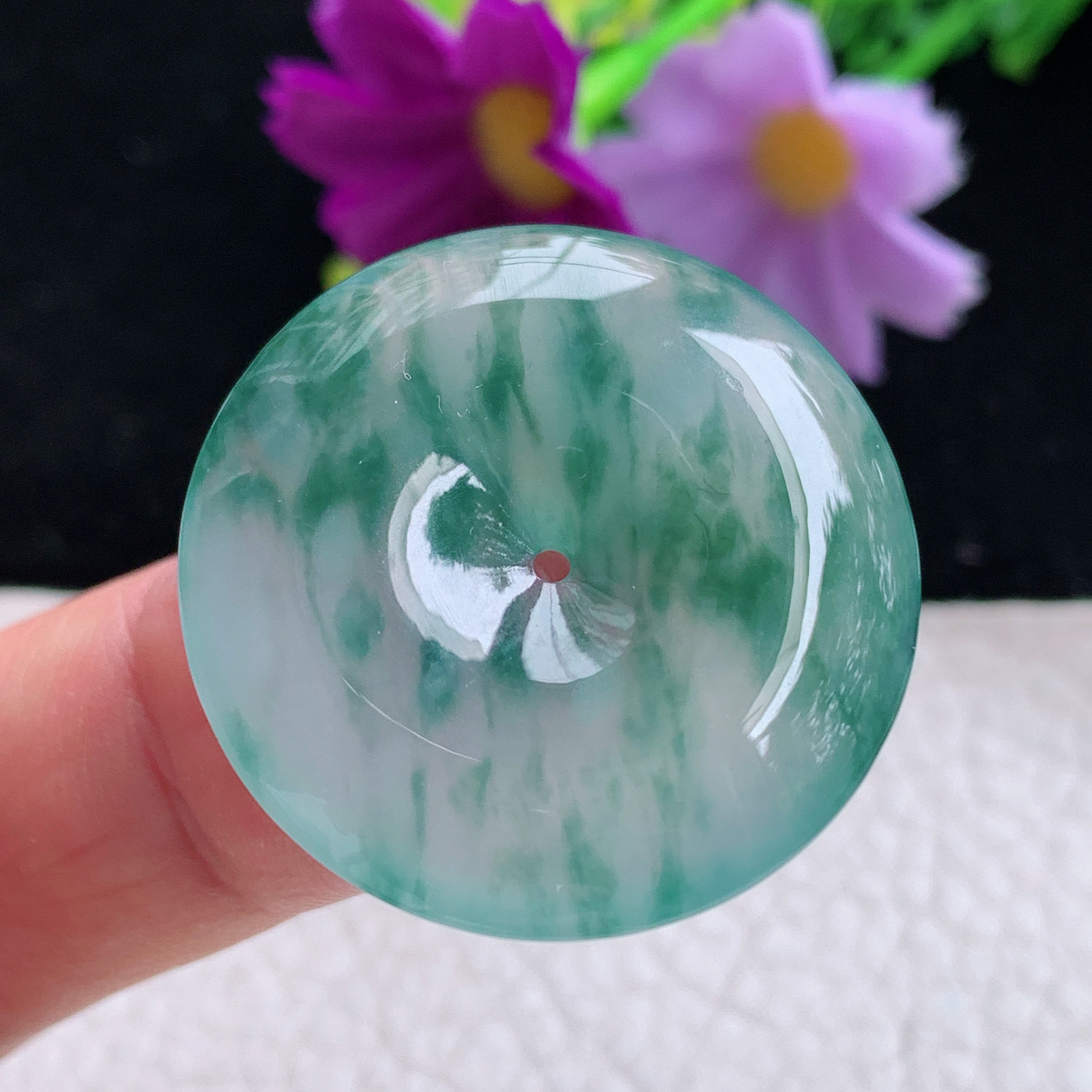 zz3实拍31*5.5天然缅甸翡翠冰飘花平安吊坠 简约高雅玉扣子玉坠