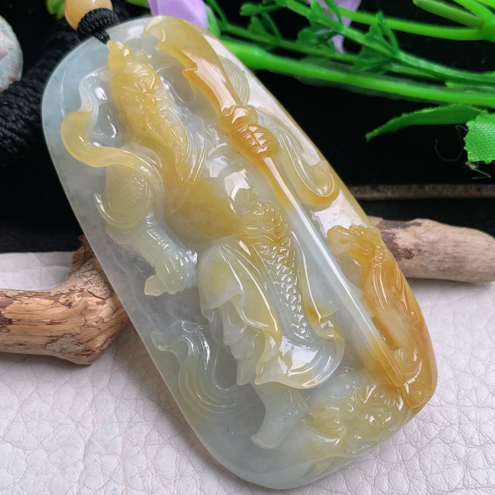 csy实拍75*39.8*11天然缅甸翡翠冰双彩持刀关公 关二爷玉吊坠 玉挂件