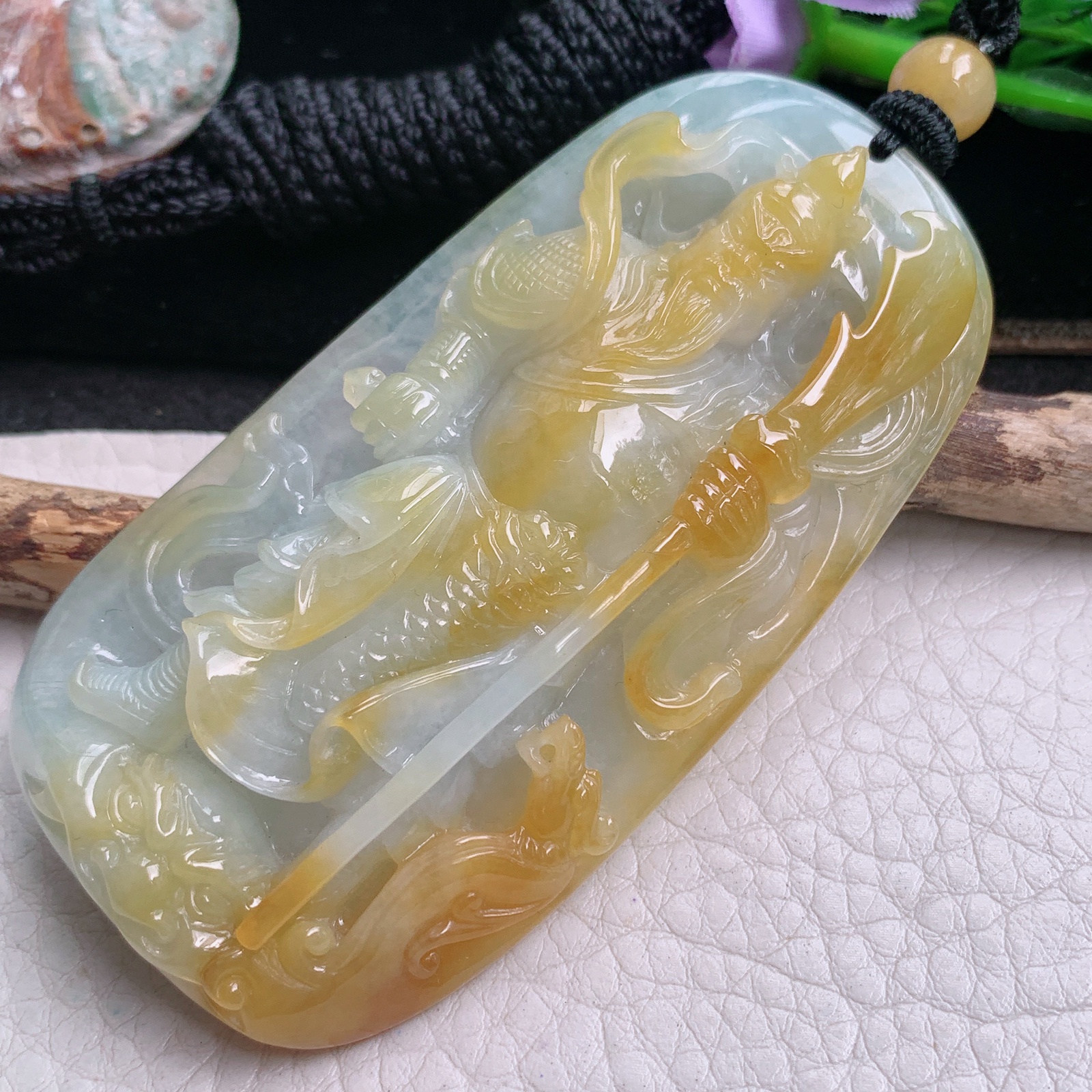 csy实拍75*39.8*11天然缅甸翡翠冰双彩持刀关公 关二爷玉吊坠 玉挂件