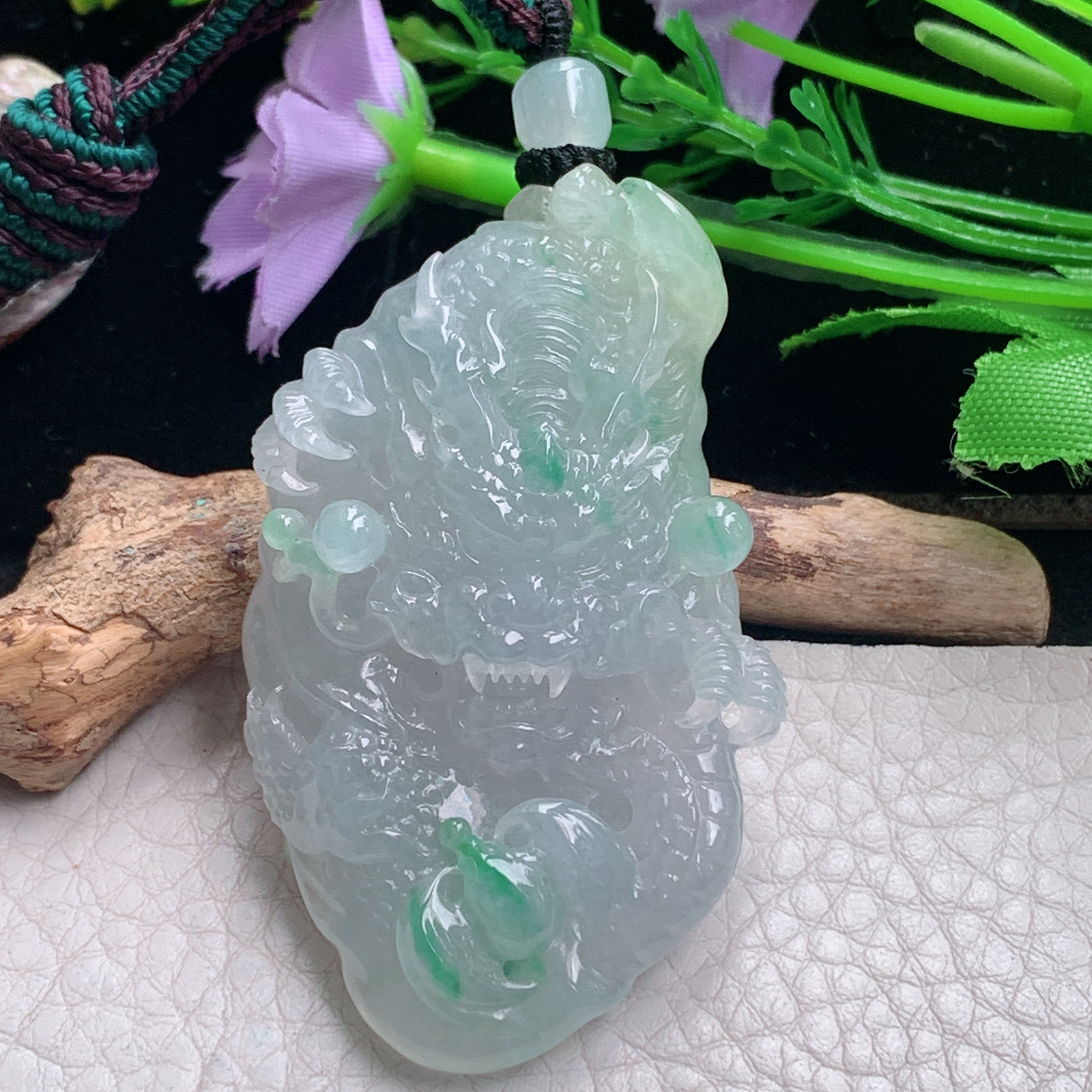 csy实拍59*36*14.2天然缅甸翡翠精雕冰飘绿花龙行天下 龙牌玉吊坠