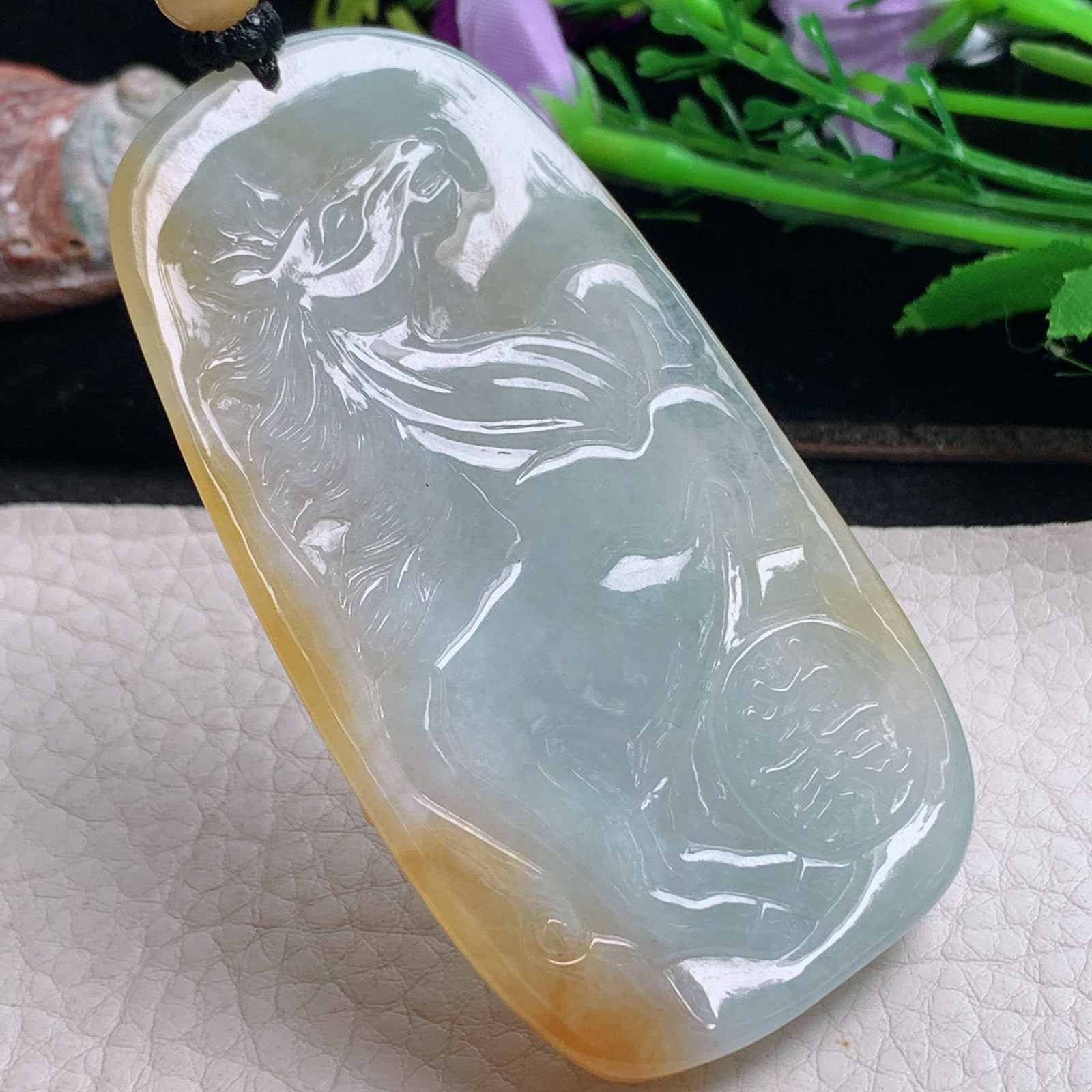 csy实拍75*39.8*11天然缅甸翡翠冰双彩持刀关公 关二爷玉吊坠 玉挂件