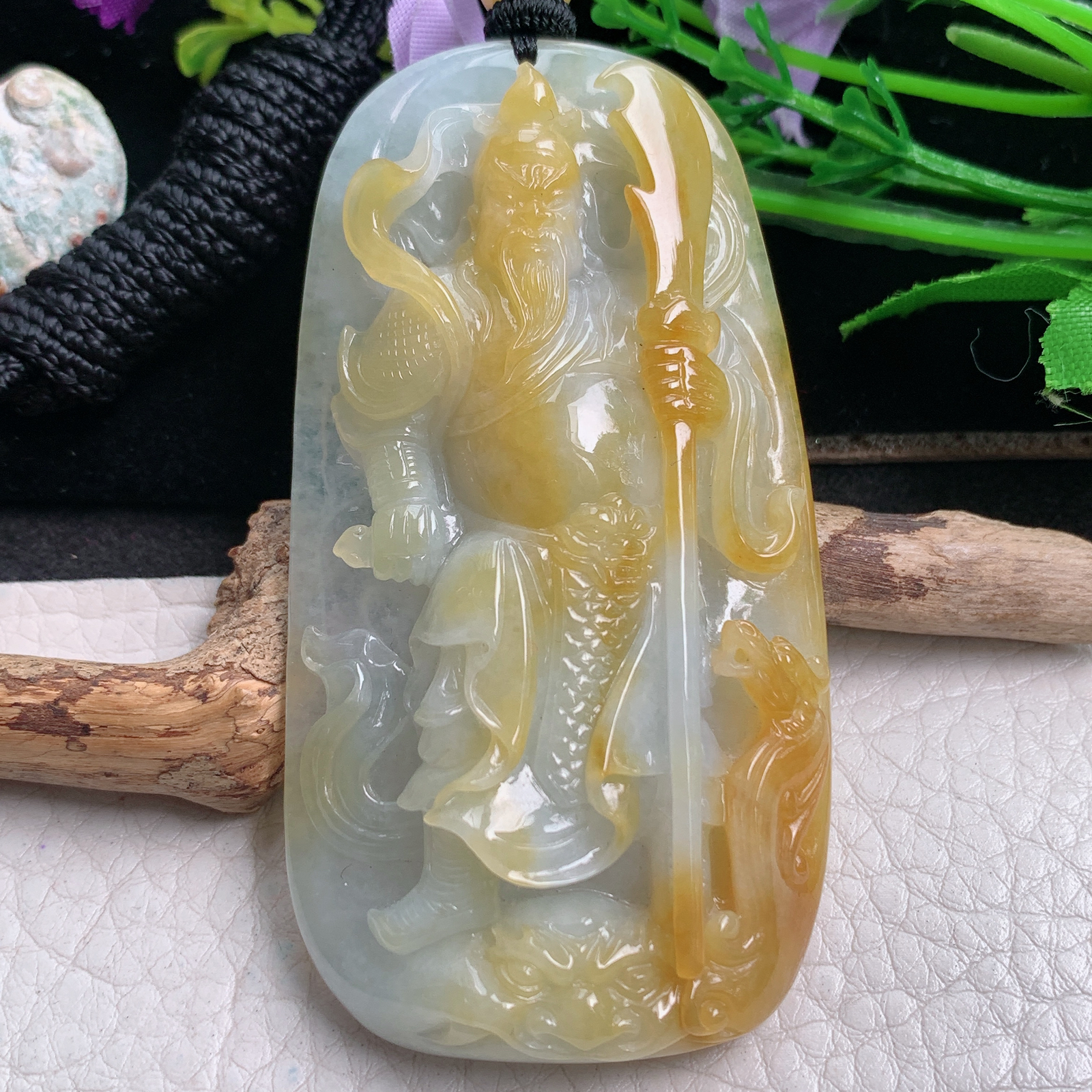 csy实拍75*39.8*11天然缅甸翡翠冰双彩持刀关公 关二爷玉吊坠 玉挂件